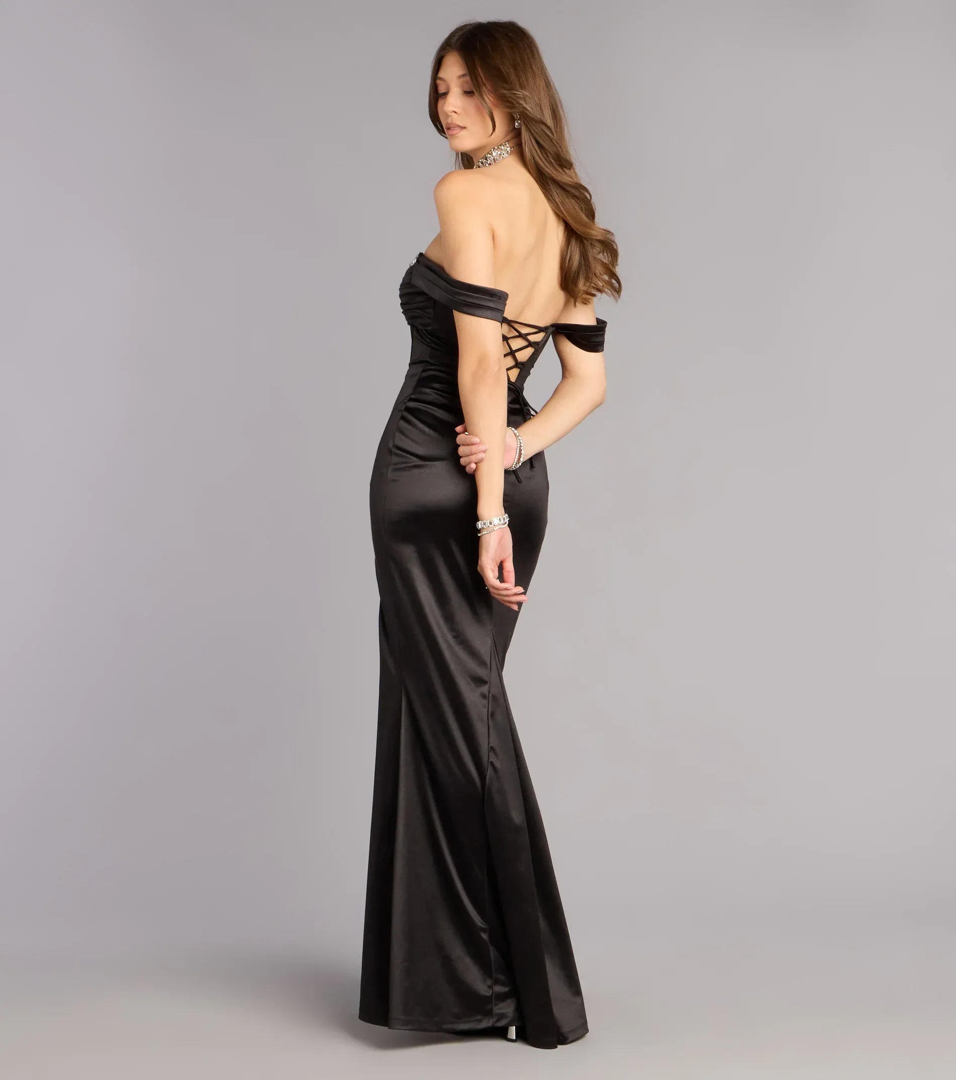Black Off-The-Shoulder Rhinestone Corset Lace-Up Back High Slit Satin Mermaid Maxi Wedding Guest Dresses