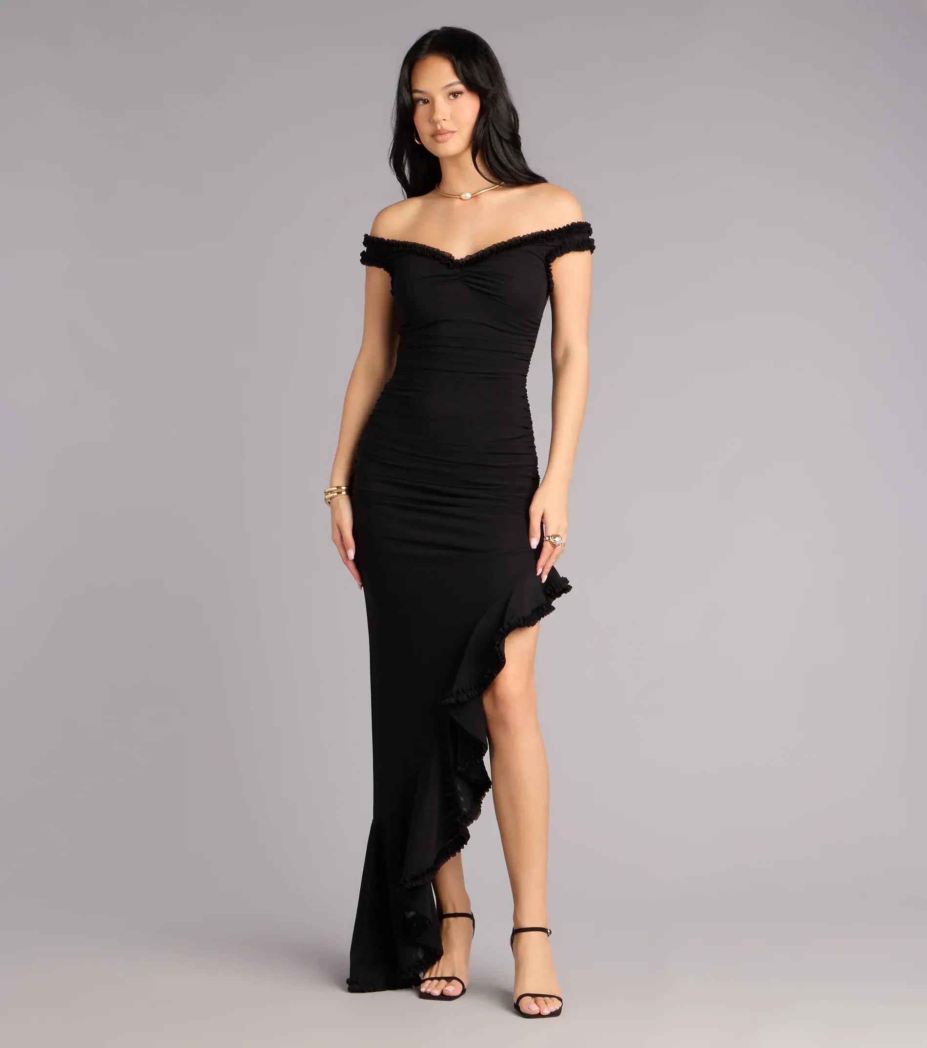 Black Off-The-Shoulder Ruched Ruffle High Low Mermaid Maxi Wedding Guest Dresses
