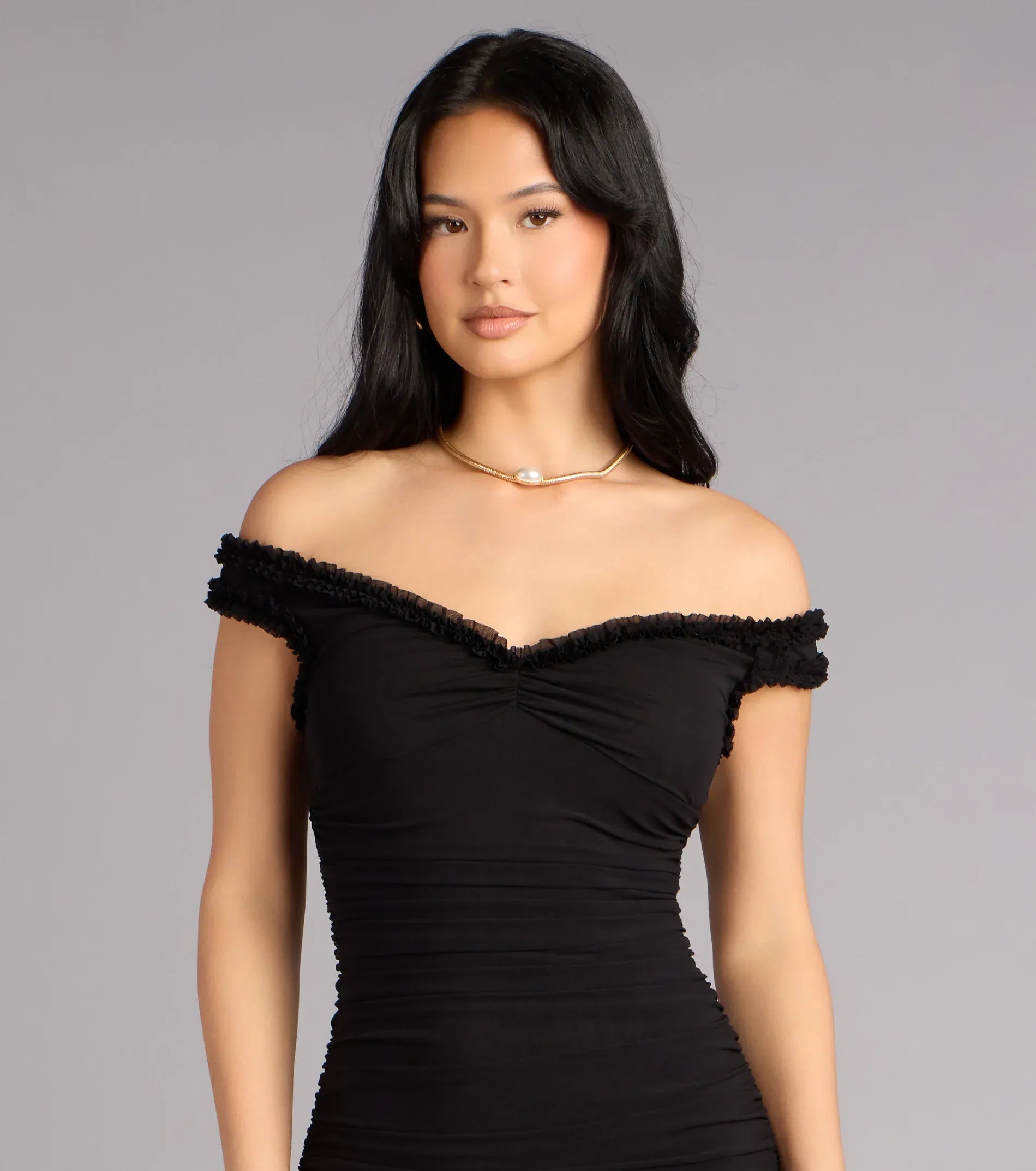 Black Off-The-Shoulder Ruched Ruffle High Low Mermaid Maxi Wedding Guest Dresses