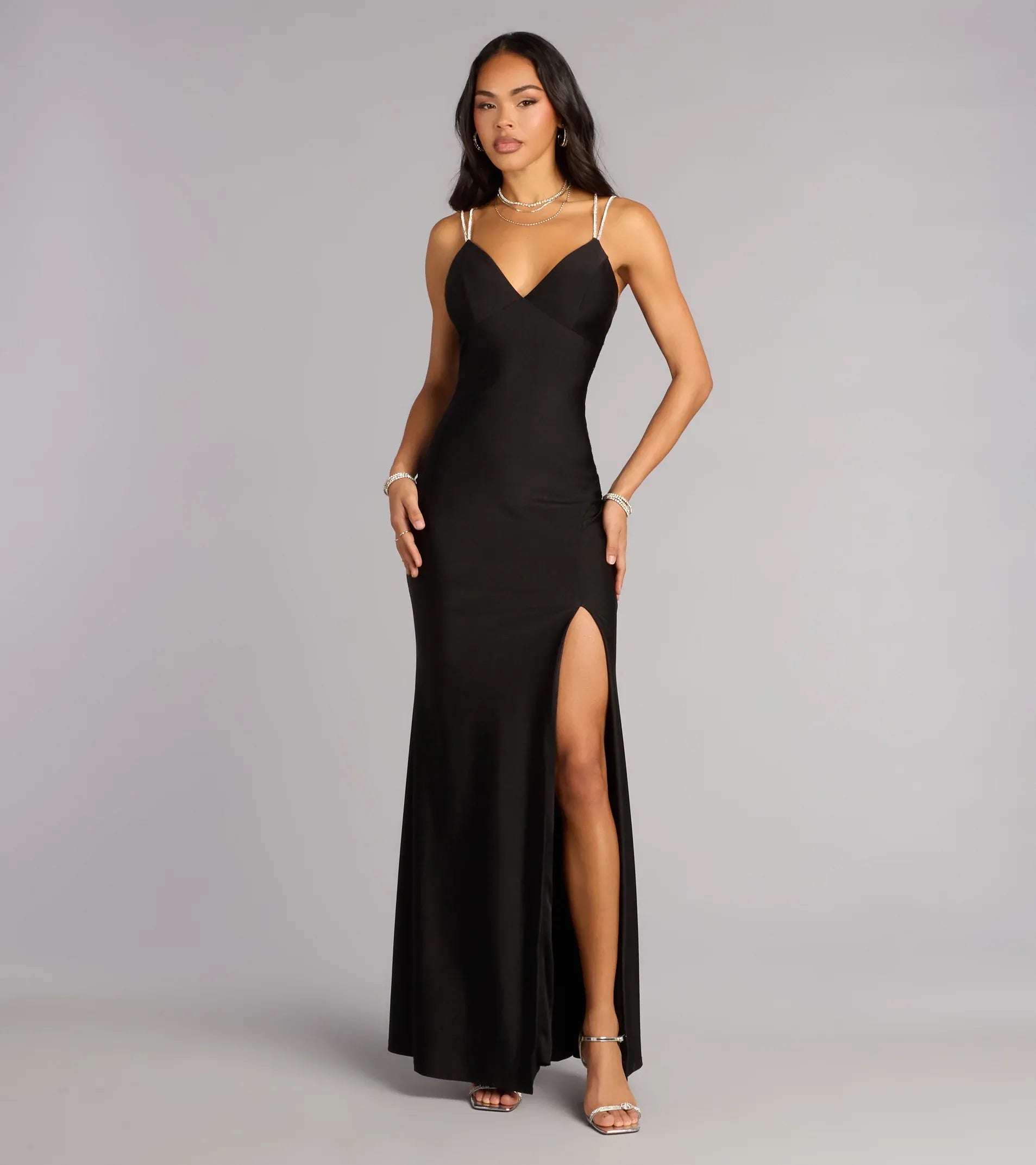 Black Rhinestone Strap V Neck Lace-Up Back High Slit Satin Mermaid Maxi Wedding Guest Dress