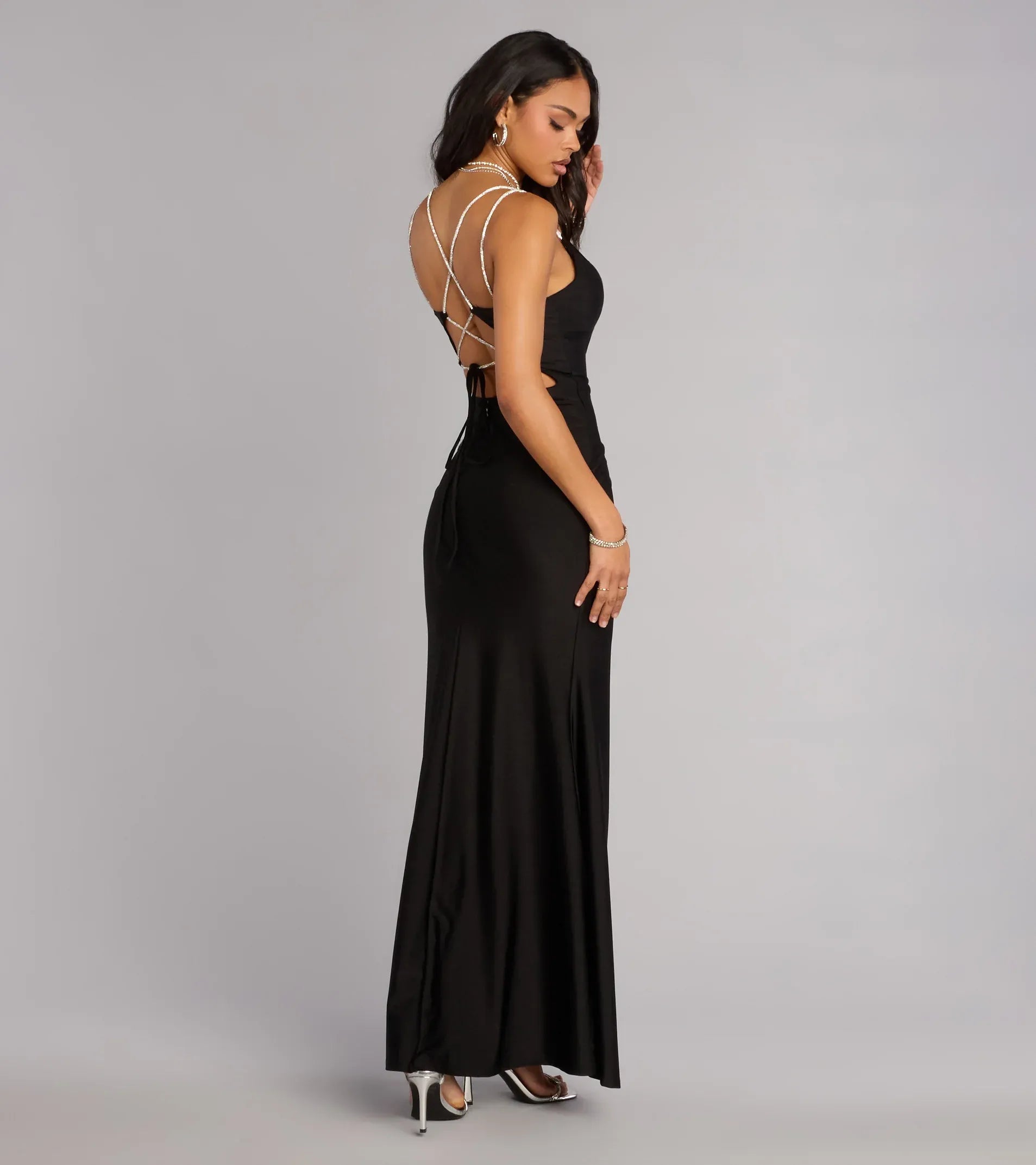 Black Rhinestone Strap V Neck Lace-Up Back High Slit Satin Mermaid Maxi Wedding Guest Dress