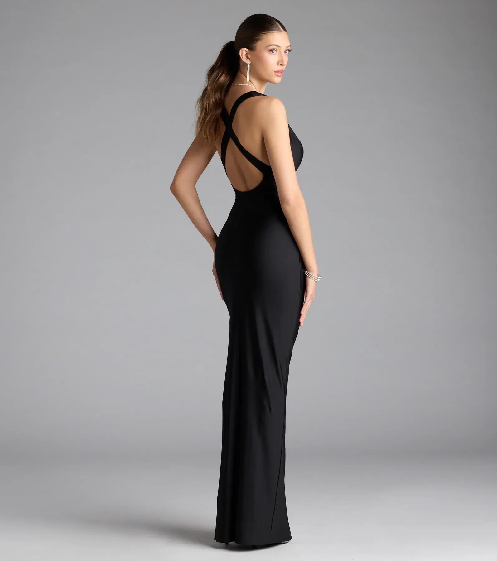 Black Sleeveless Deep V Crisscross Back Ruched High Slit Satin Mermaid Maxi Wedding Guest Dress