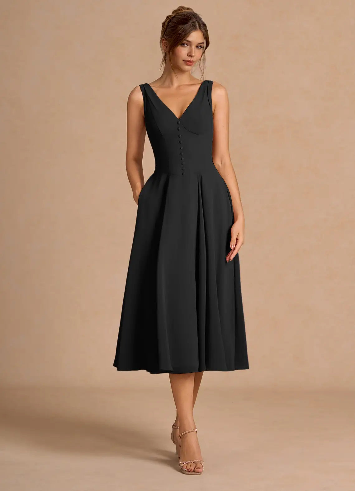 Black Sleeveless V Front Button Hidden Pocket Flared Midi Wedding Guest Dress
