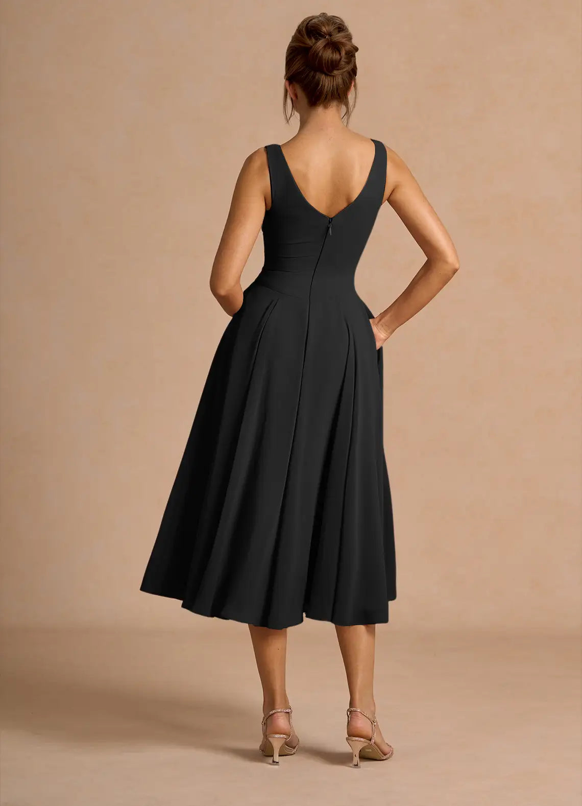 Black Sleeveless V Front Button Hidden Pocket Flared Midi Wedding Guest Dress