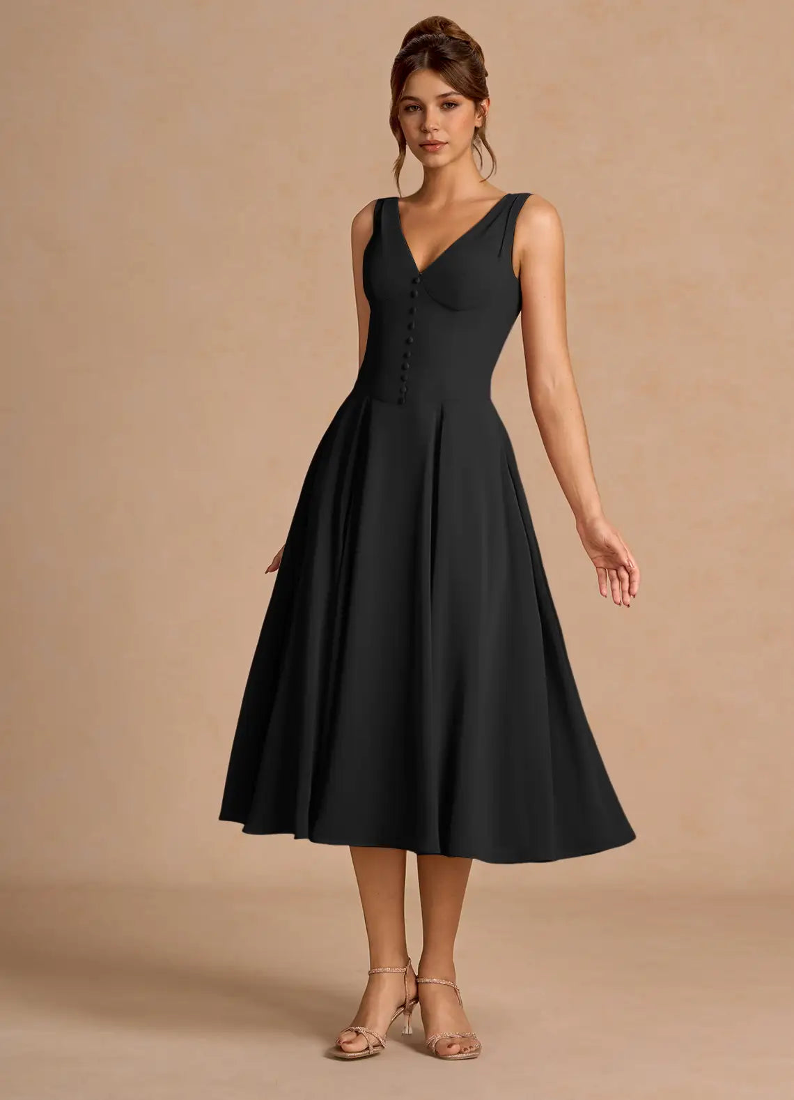Black Sleeveless V Front Button Hidden Pocket Flared Midi Wedding Guest Dress