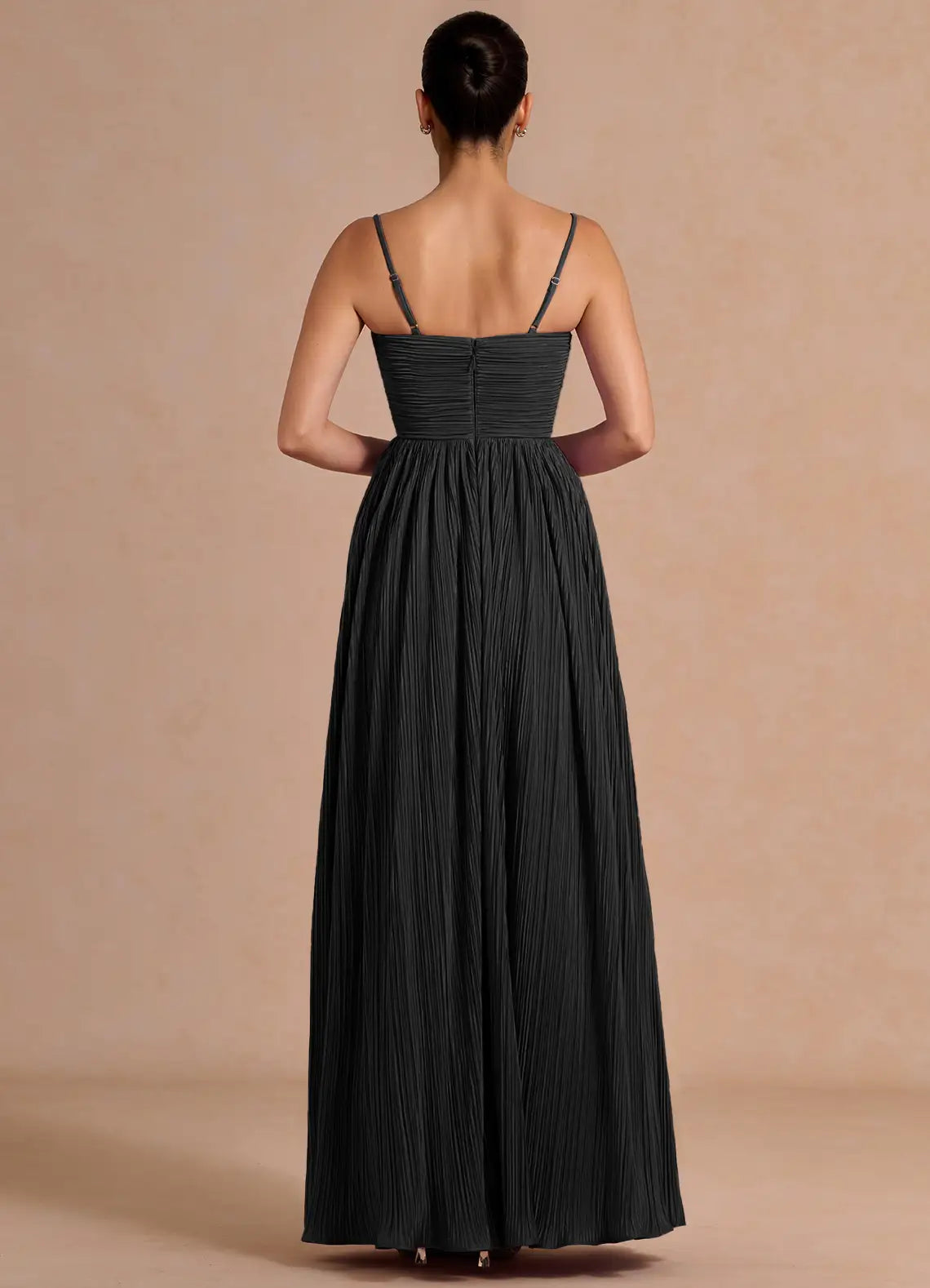 Black Spaghetti Strap Criss Cross Pleated A-Line Maxi Wedding Guest Dress