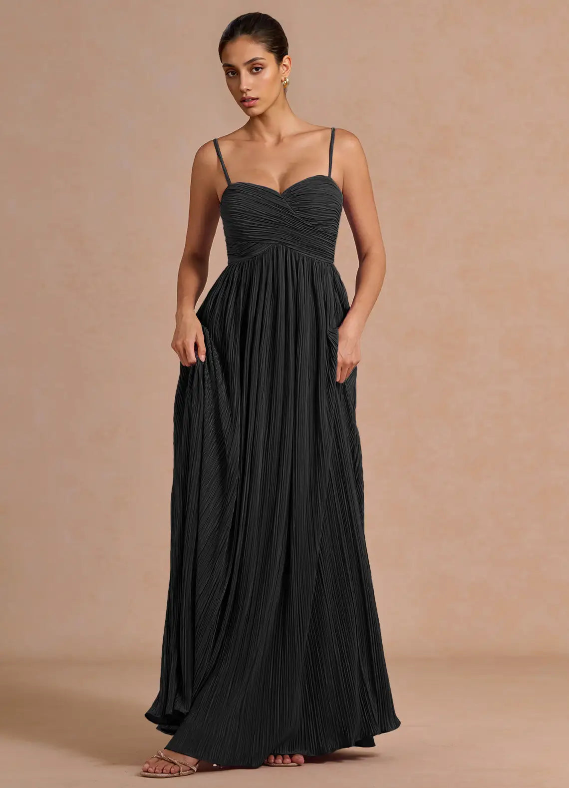 Black Spaghetti Strap Criss Cross Pleated A-Line Maxi Wedding Guest Dress