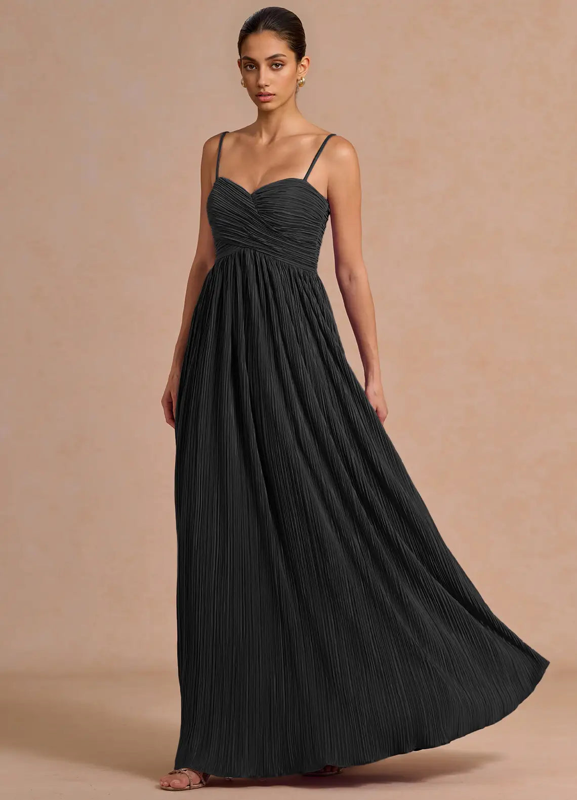 Black Spaghetti Strap Criss Cross Pleated A-Line Maxi Wedding Guest Dress