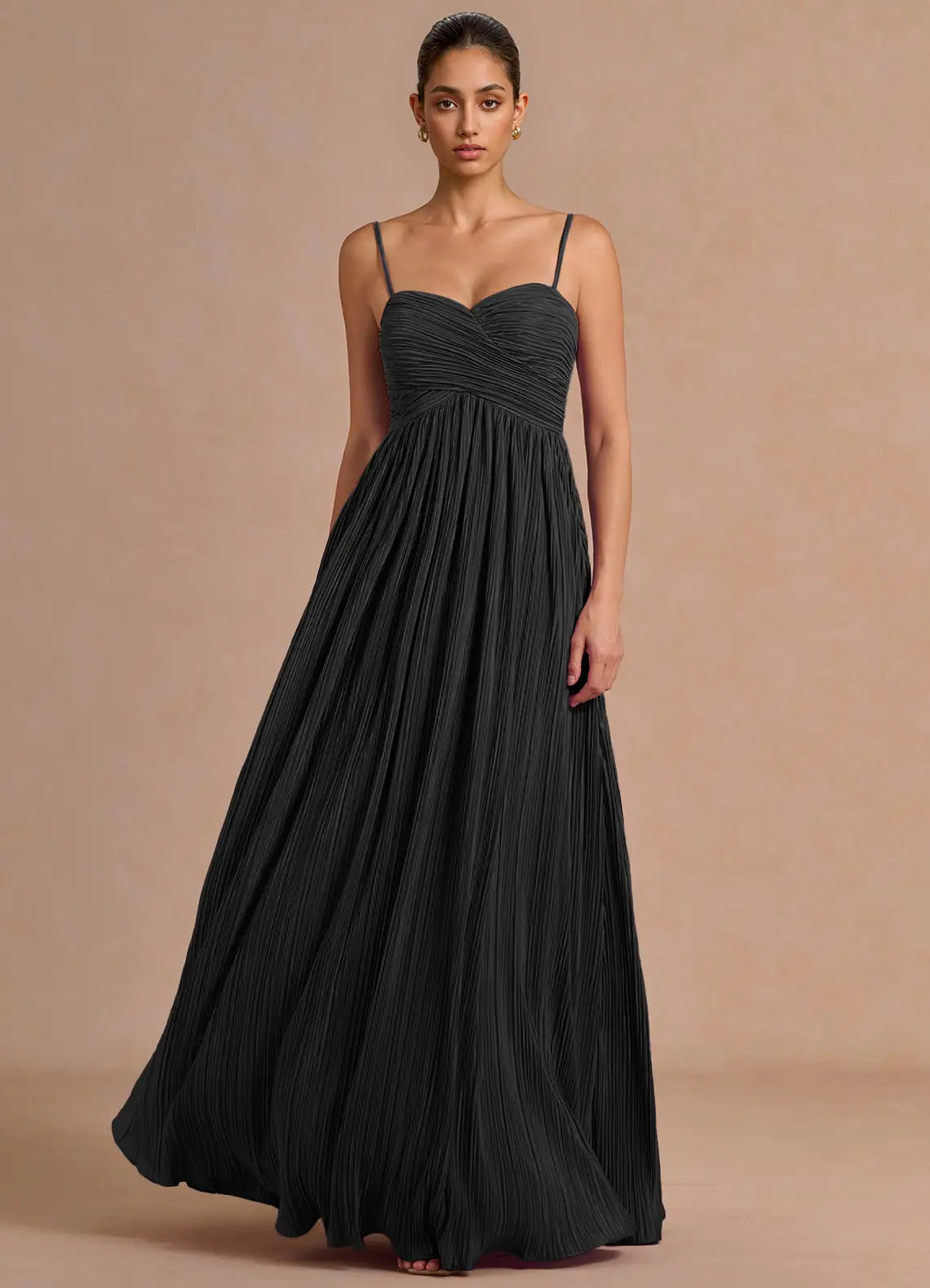 Black Spaghetti Strap Criss Cross Pleated A-Line Maxi Wedding Guest Dress