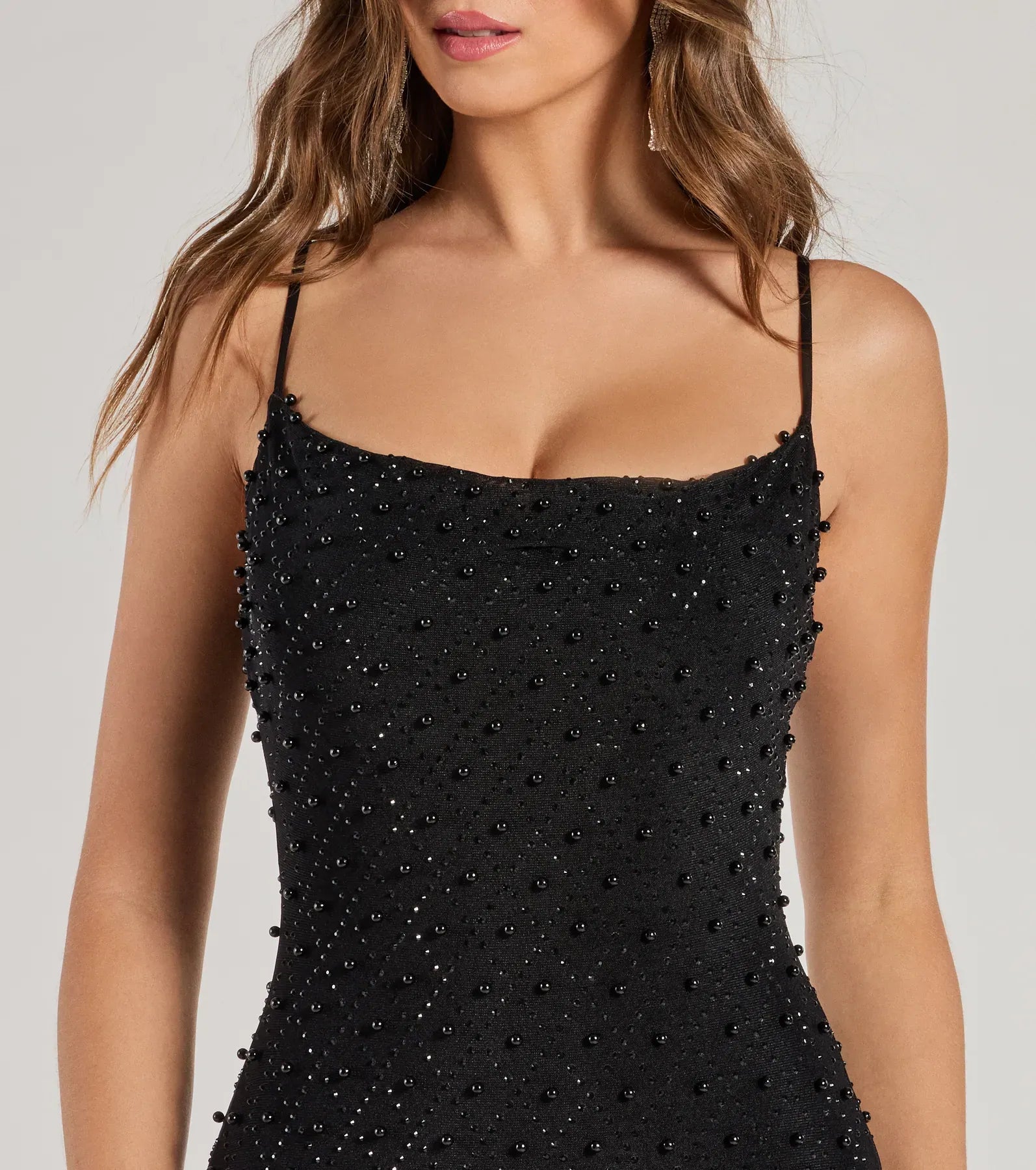 Black Spaghetti Strap Scoop Beaded Mermaid Maxi Wedding Guest Dresses