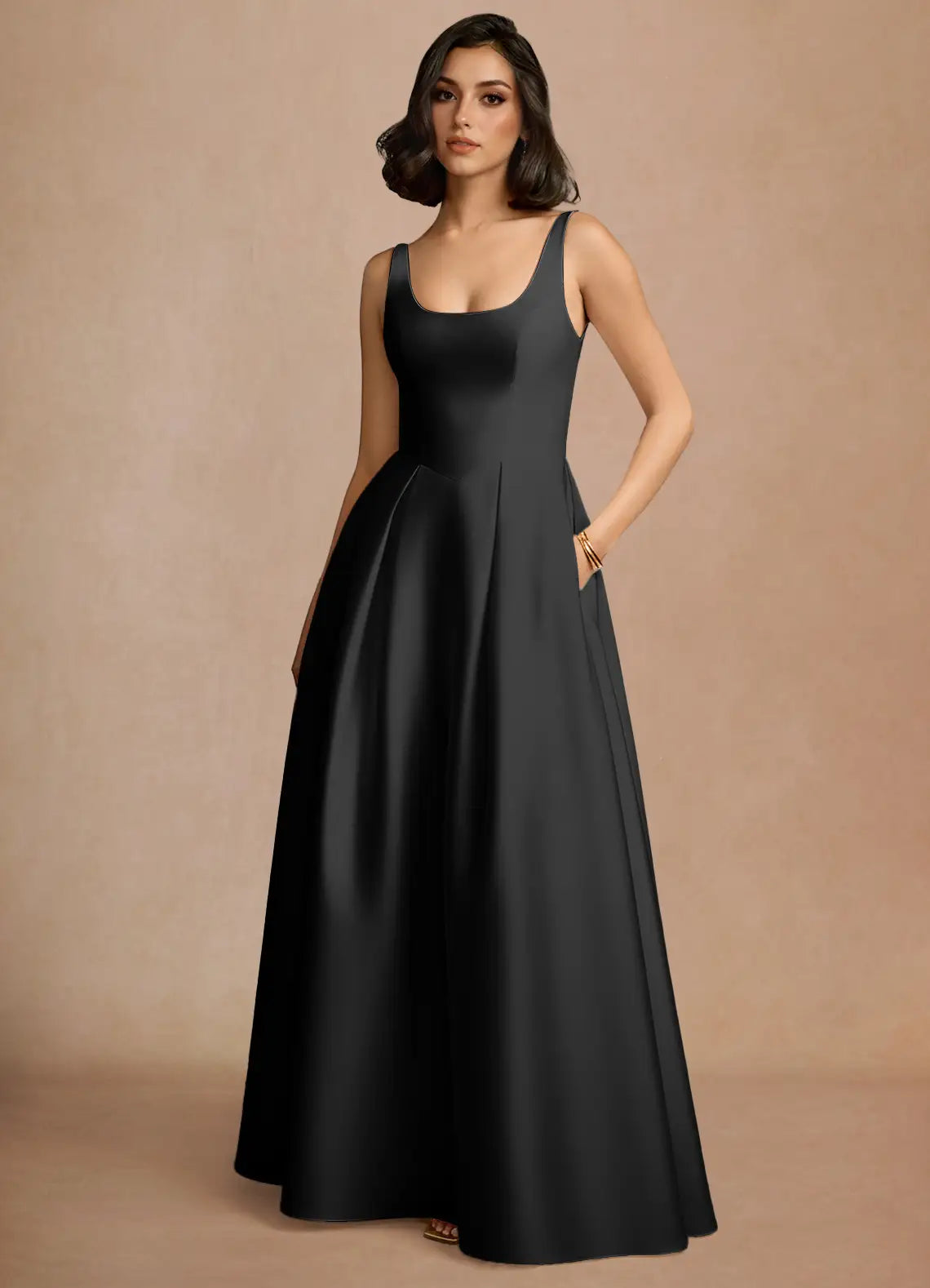 Black Spaghetti Strap Square Neck Pocket A-Line Maxi Wedding Guest Dress