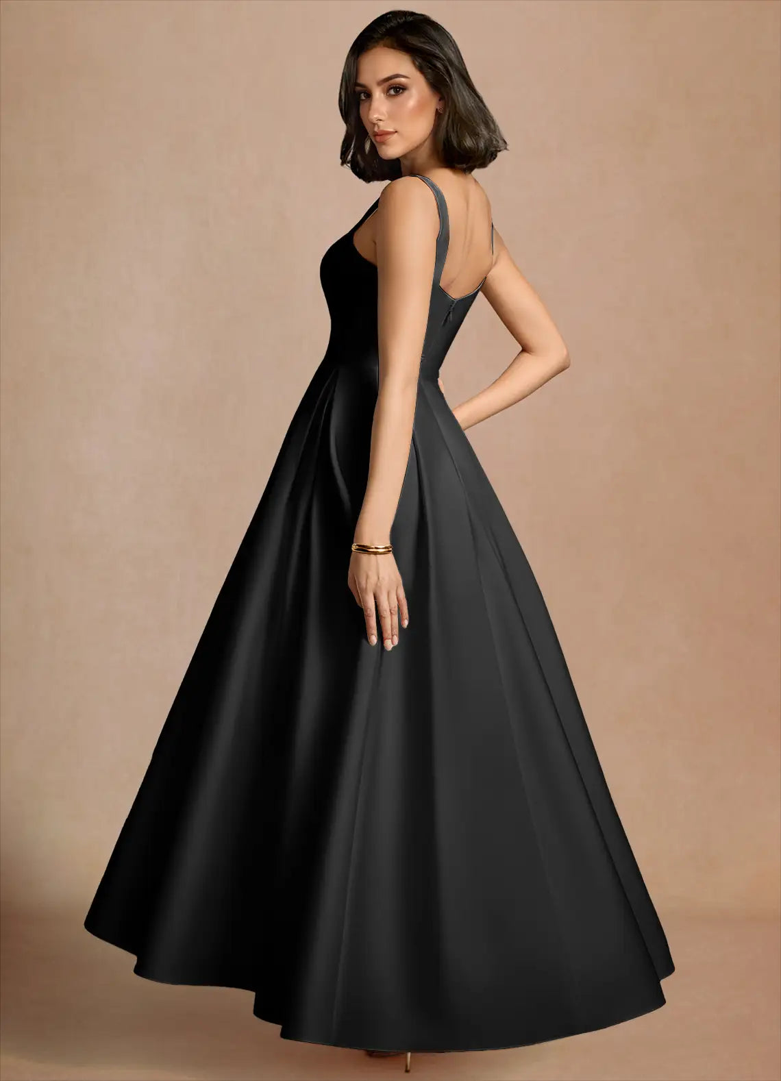 Black Spaghetti Strap Square Neck Pocket A-Line Maxi Wedding Guest Dress
