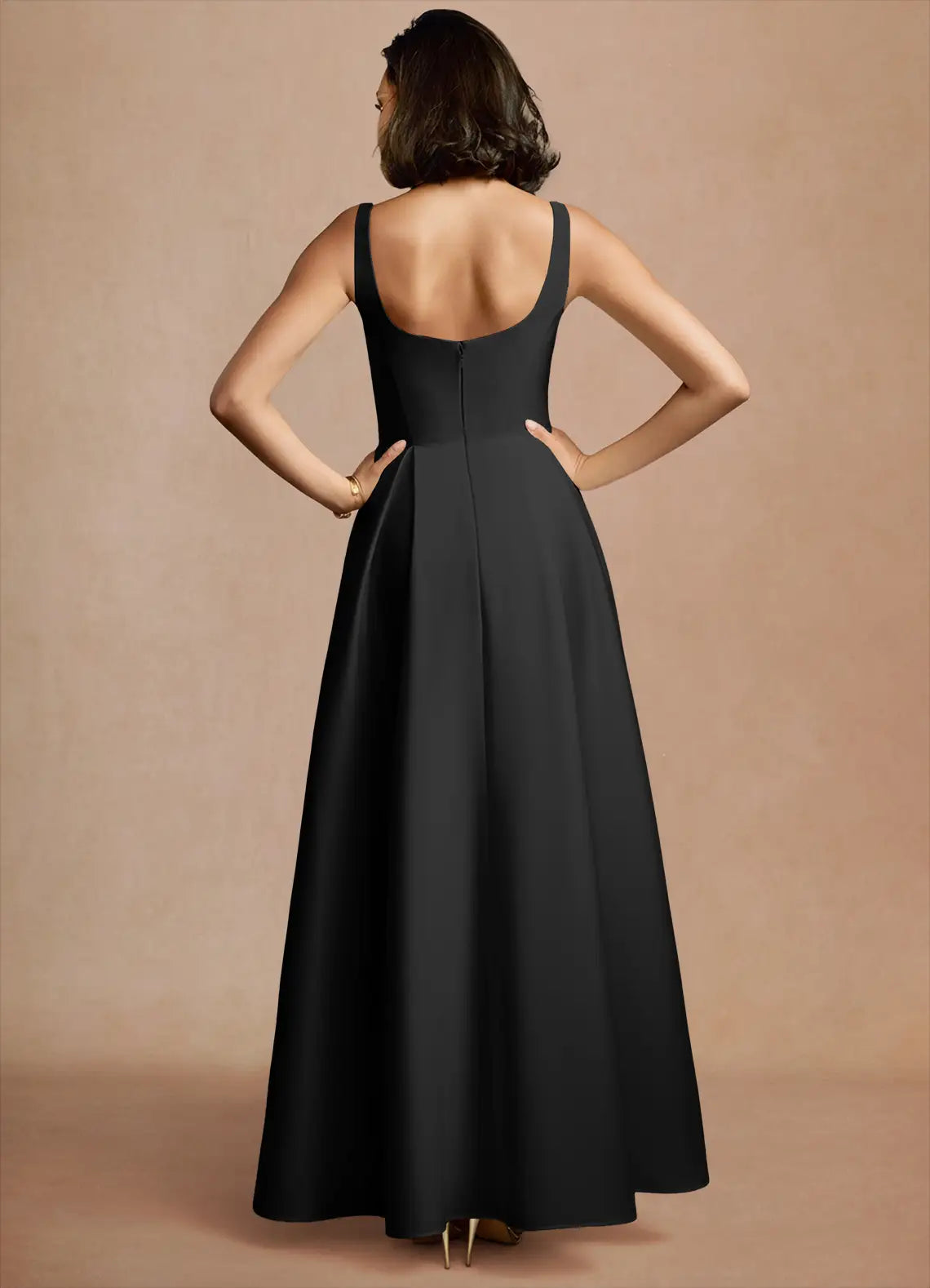 Black Spaghetti Strap Square Neck Pocket A-Line Maxi Wedding Guest Dress