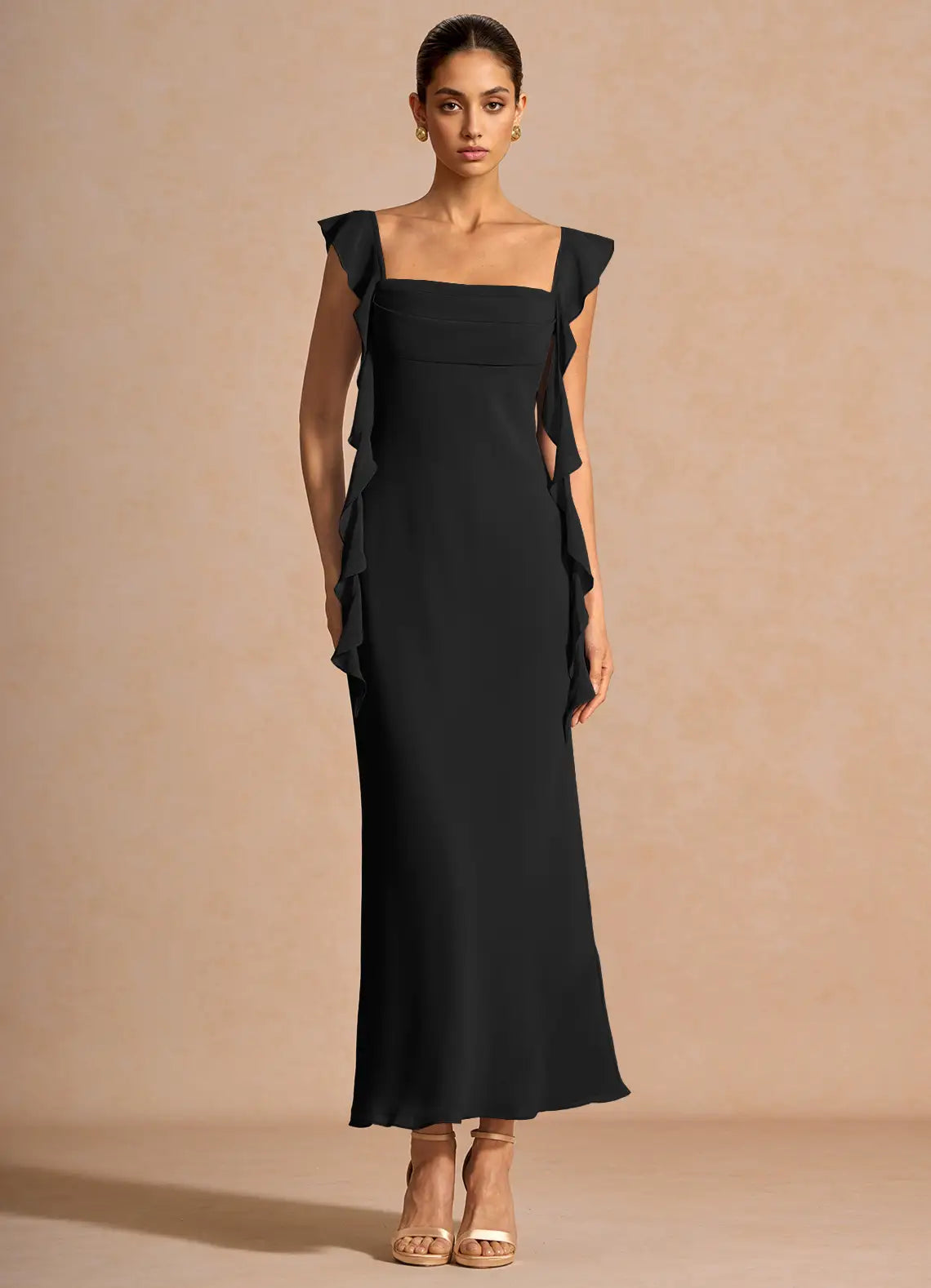 Black Square Neck Ruffle Strap Midi Mermaid Wedding Guest Dress
