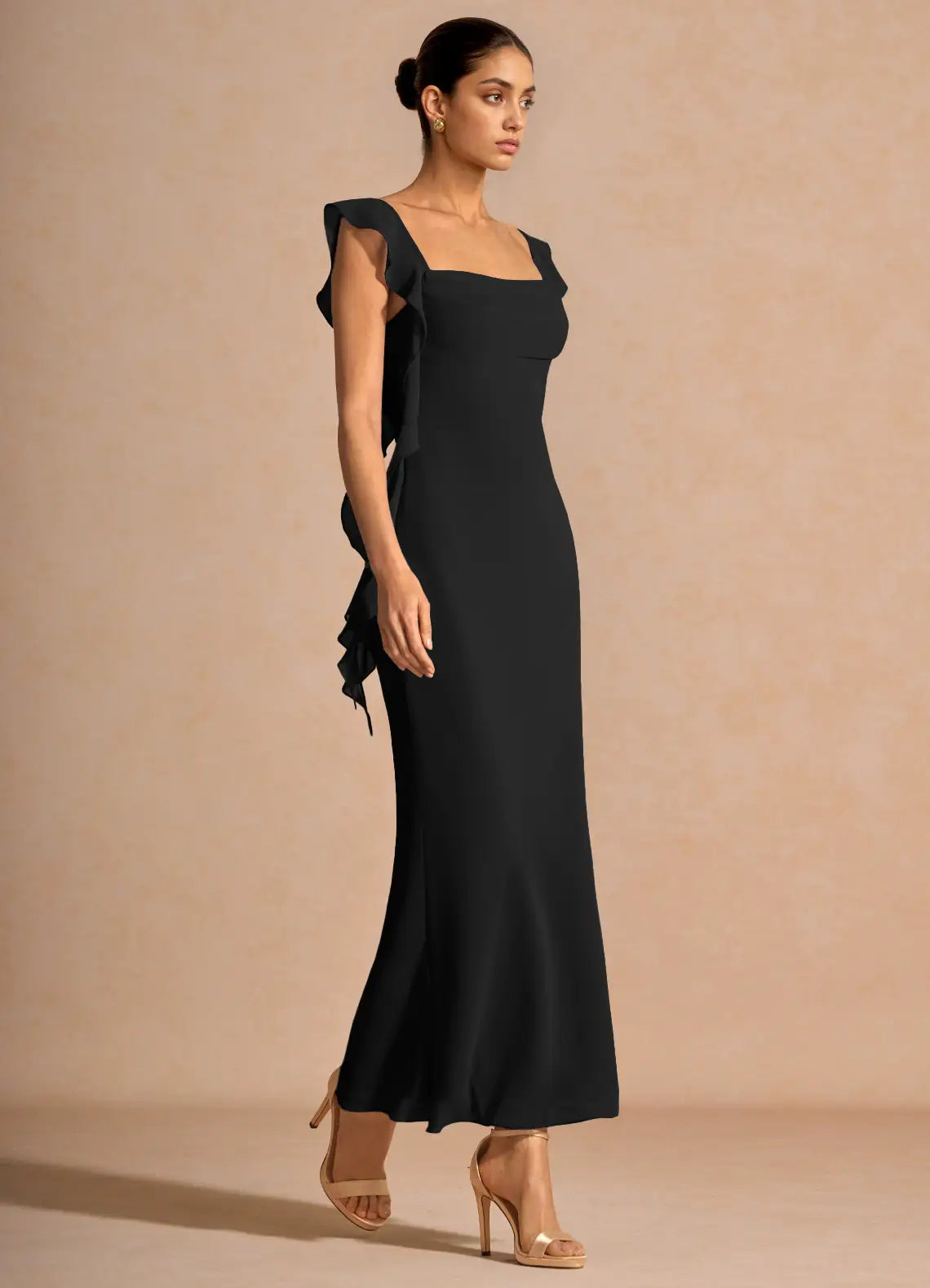 Black Square Neck Ruffle Strap Midi Mermaid Wedding Guest Dress