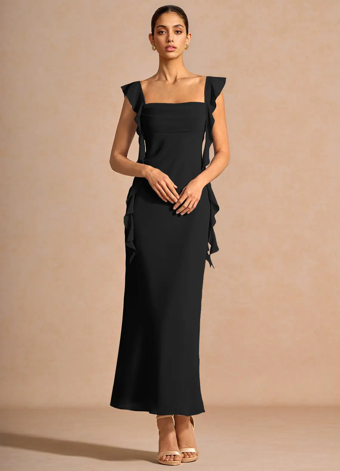 Black Square Neck Ruffle Strap Midi Mermaid Wedding Guest Dress