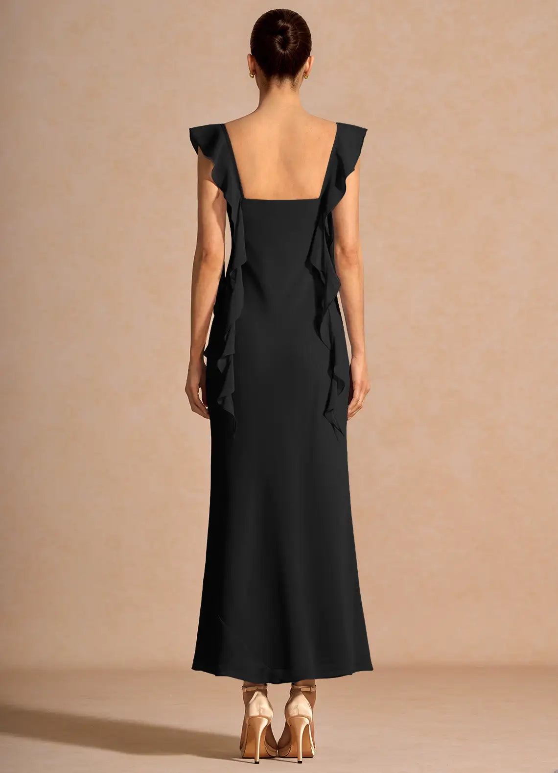 Black Square Neck Ruffle Strap Midi Mermaid Wedding Guest Dress