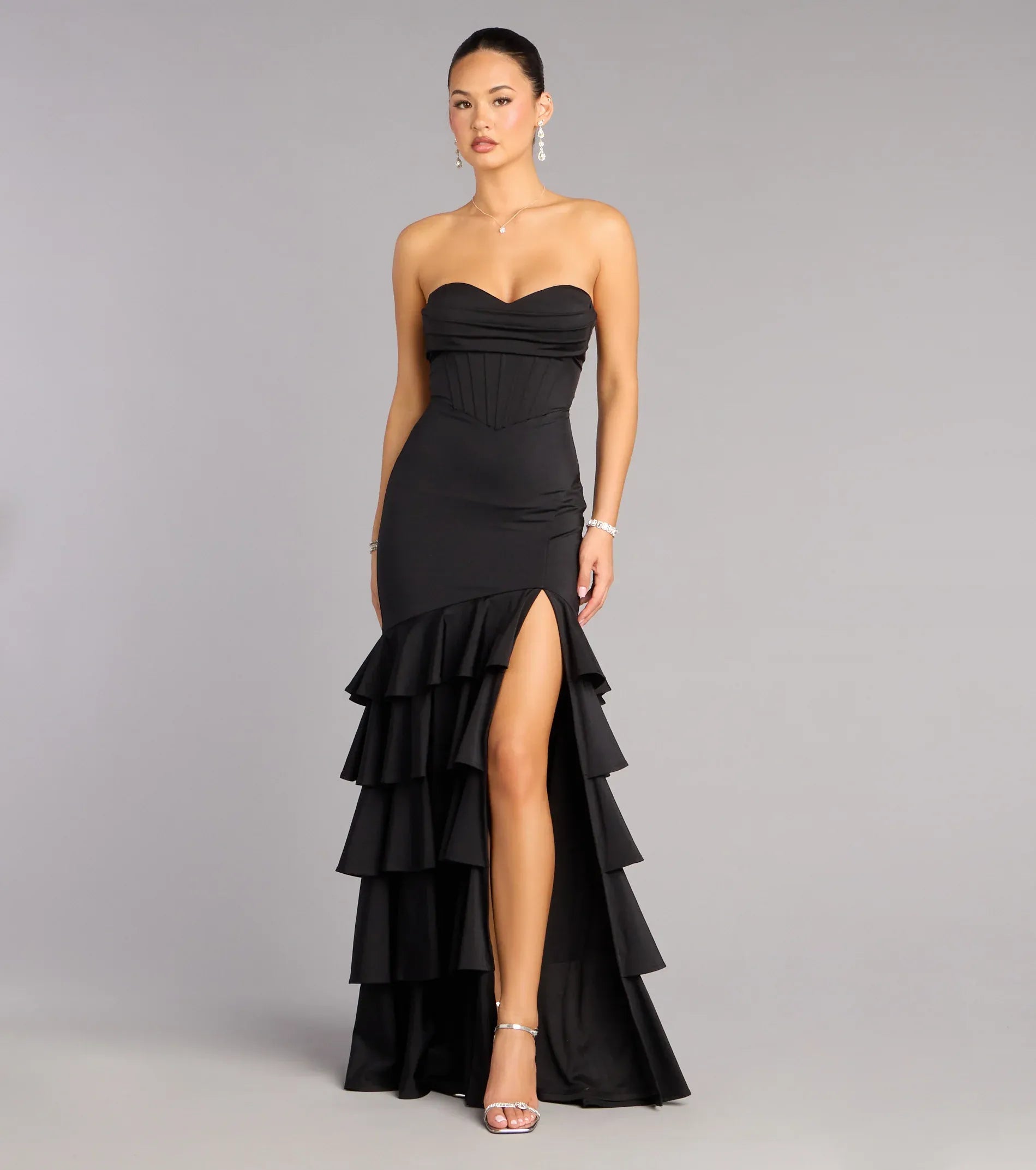 Black Strapless Corset Lace-Up Back Tiered Ruffle High Slit Mermaid Maxi Wedding Guest Dresses