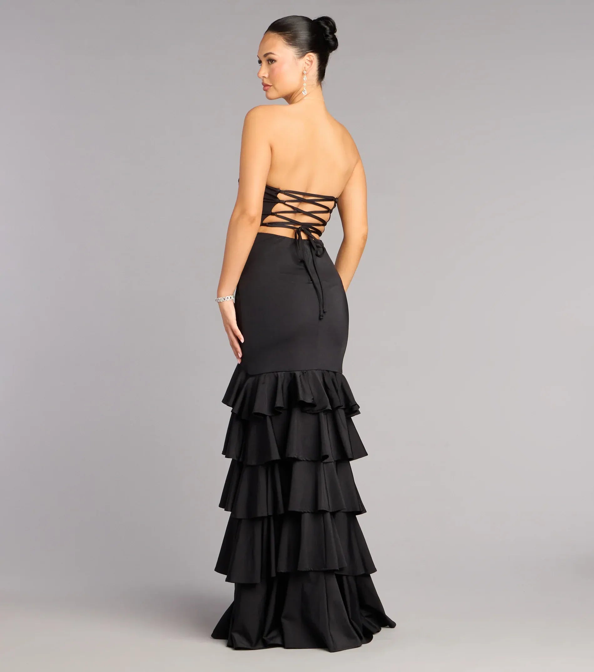Black Strapless Corset Lace-Up Back Tiered Ruffle High Slit Mermaid Maxi Wedding Guest Dresses