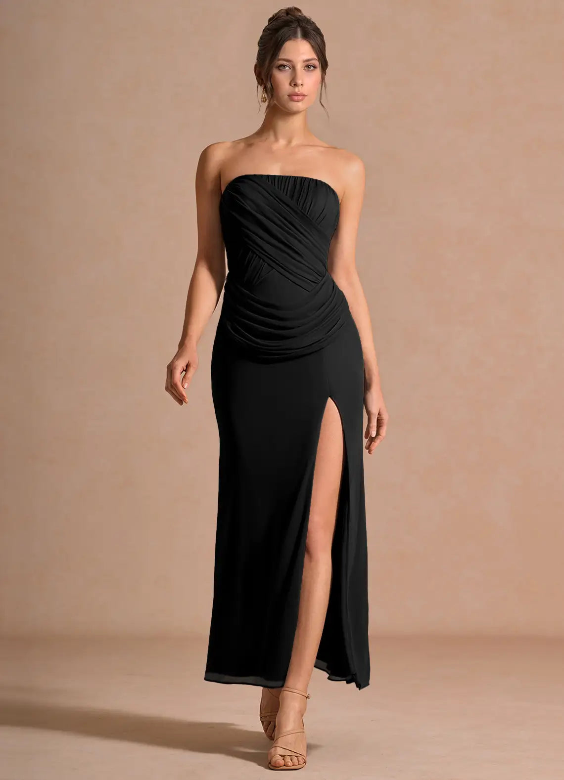 Black Strapless Crisscross Ruched High Slit Midi Chiffon Bridesmaid Dress