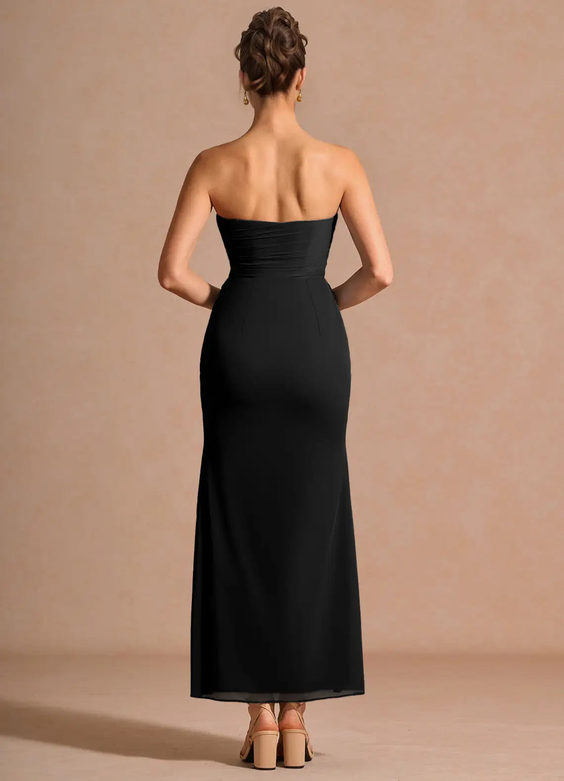 Black Strapless Crisscross Ruched High Slit Midi Chiffon Bridesmaid Dress