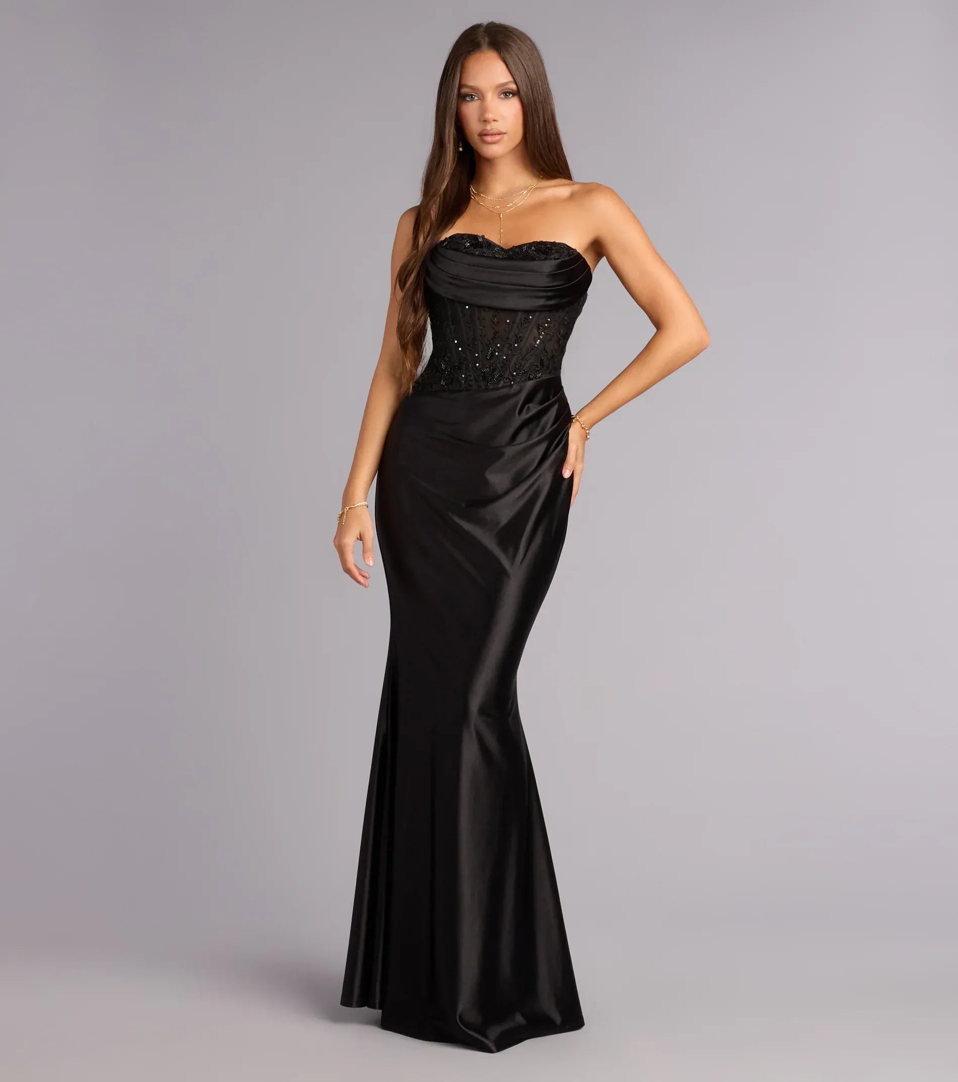 Black Strapless Draped Bust Floral Lace Corset Mermaid Maxi Wedding Guest Dress