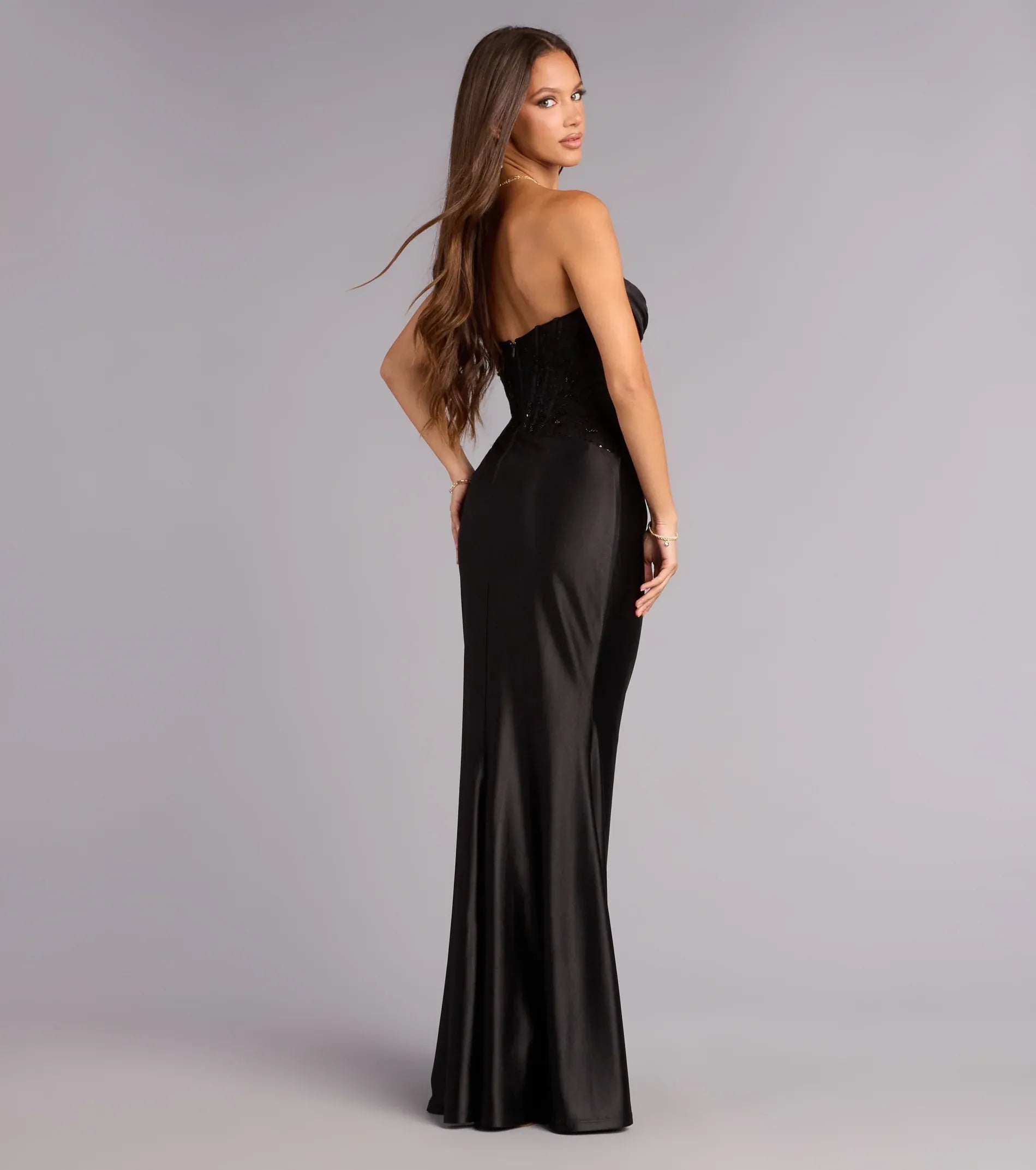 Black Strapless Draped Bust Floral Lace Corset Mermaid Maxi Wedding Guest Dress