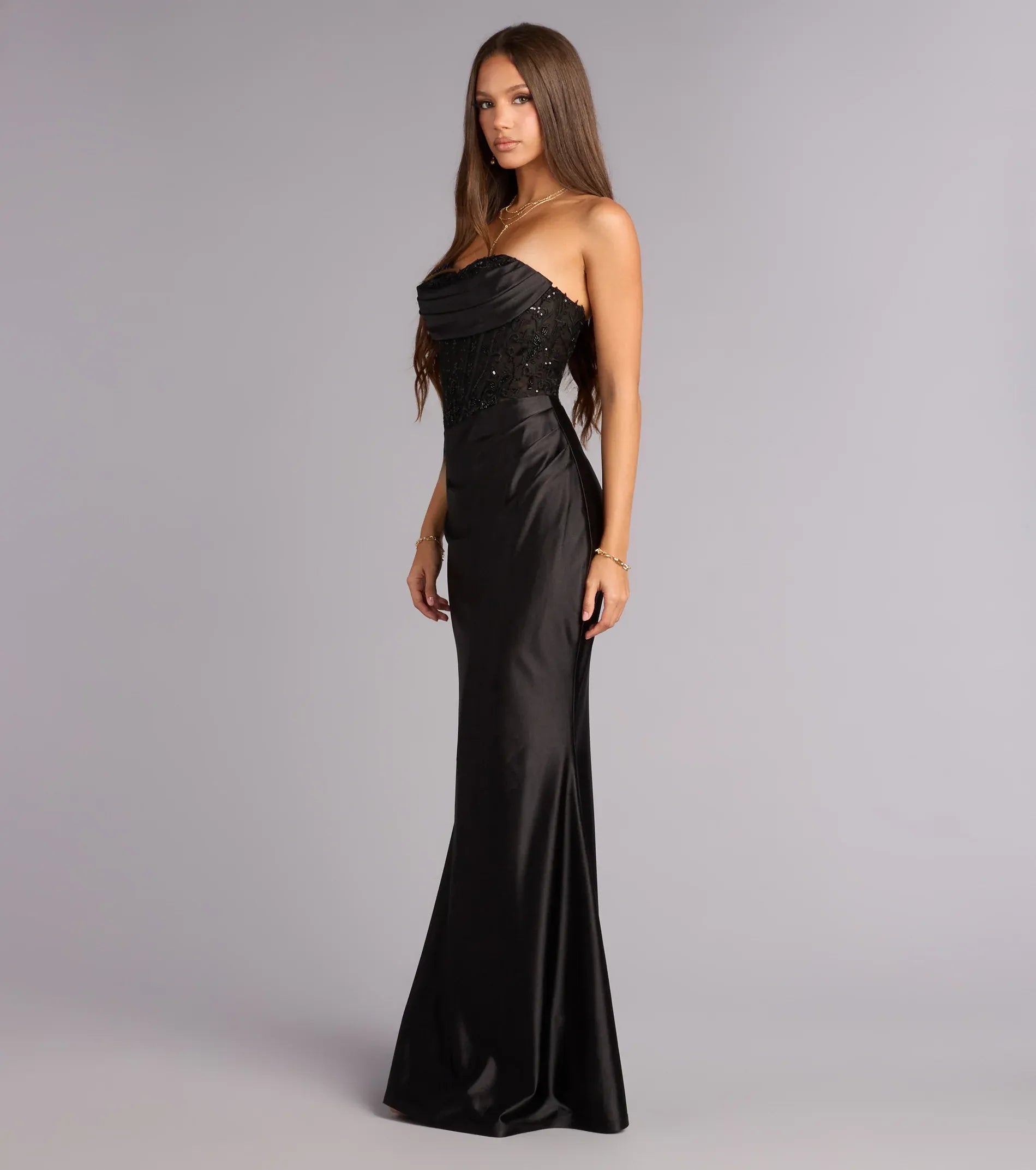 Black Strapless Draped Bust Floral Lace Corset Mermaid Maxi Wedding Guest Dress