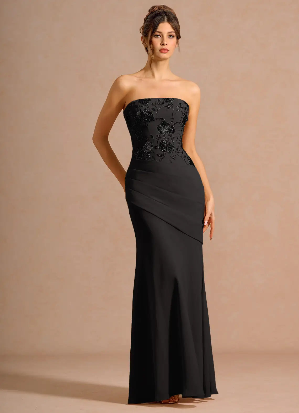 Black Strapless Floral Lace Corset Ruched Mermaid Maxi Wedding Guest Dress