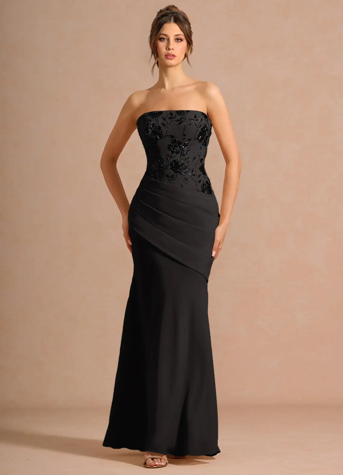 Black Strapless Floral Lace Corset Ruched Mermaid Maxi Wedding Guest Dress
