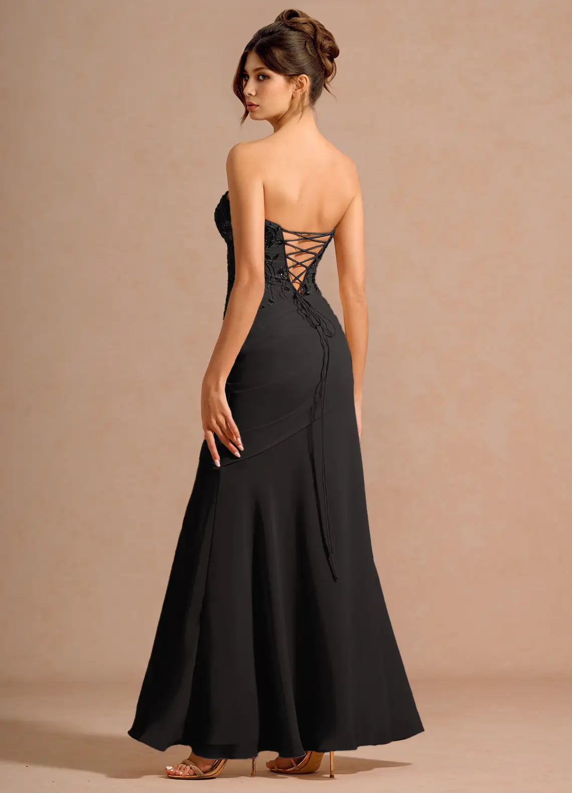 Black Strapless Floral Lace Corset Ruched Mermaid Maxi Wedding Guest Dress