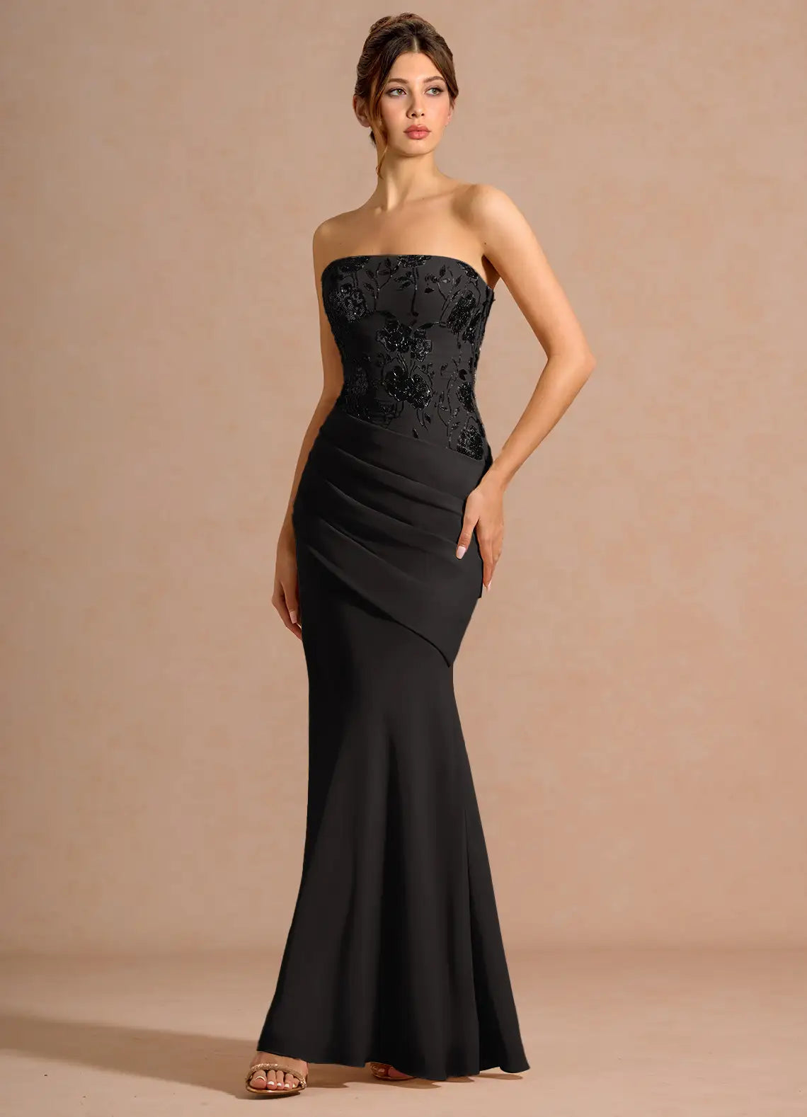 Black Strapless Floral Lace Corset Ruched Mermaid Maxi Wedding Guest Dress