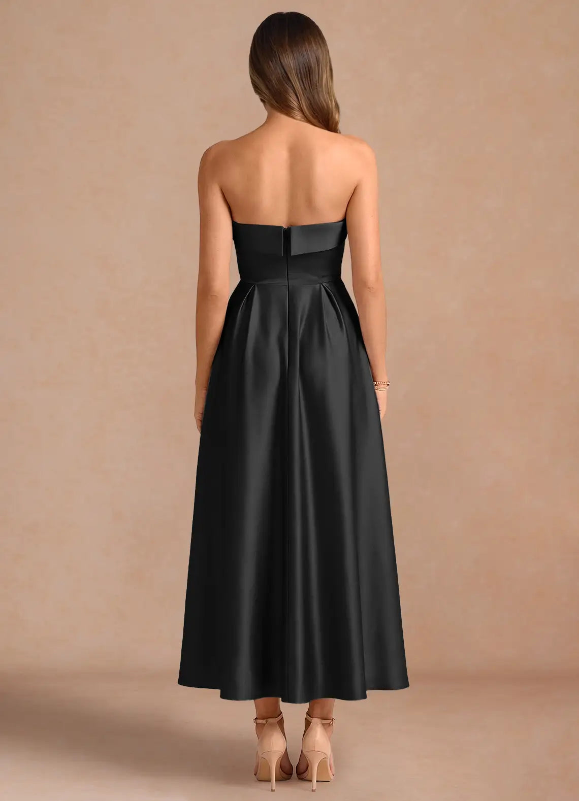 Black Strapless Fold Over Tube Neck Pleated Flared Midi Satin Wedding Guest Dress
