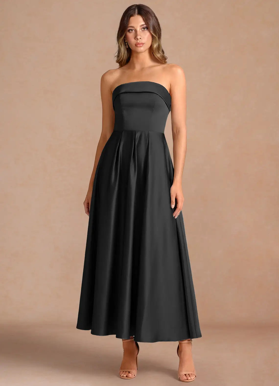 Black Strapless Fold Over Tube Neck Pleated Flared Midi Satin Wedding Guest Dress
