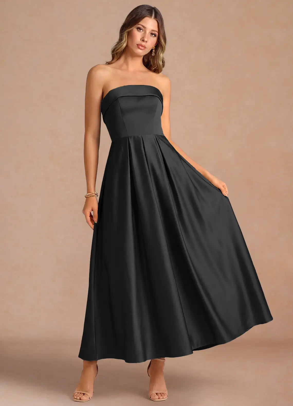 Black Strapless Fold Over Tube Neck Pleated Flared Midi Satin Wedding Guest Dress