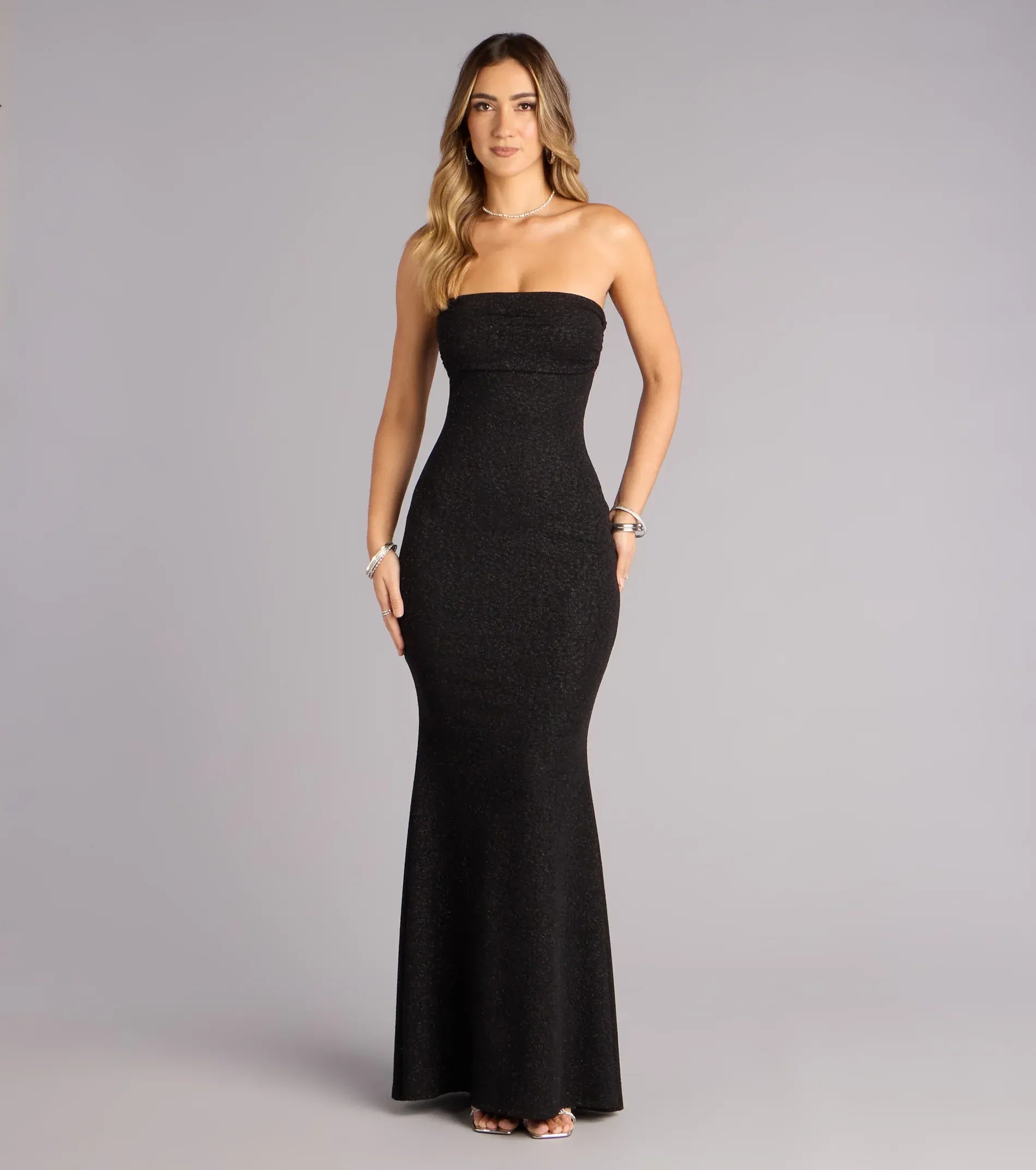 Black Strapless Fold Top Glitter Mermaid Maxi Wedding Guest Dress
