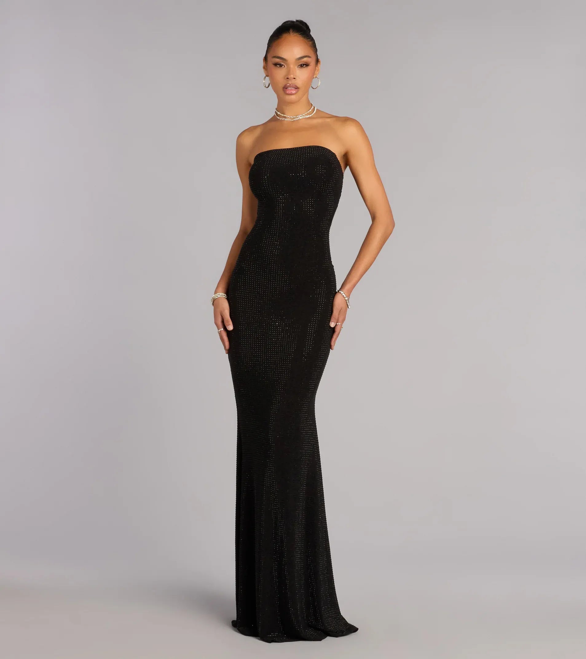 Black Strapless Hot Stone Cutout Back Mermaid Maxi Wedding Guest Dress