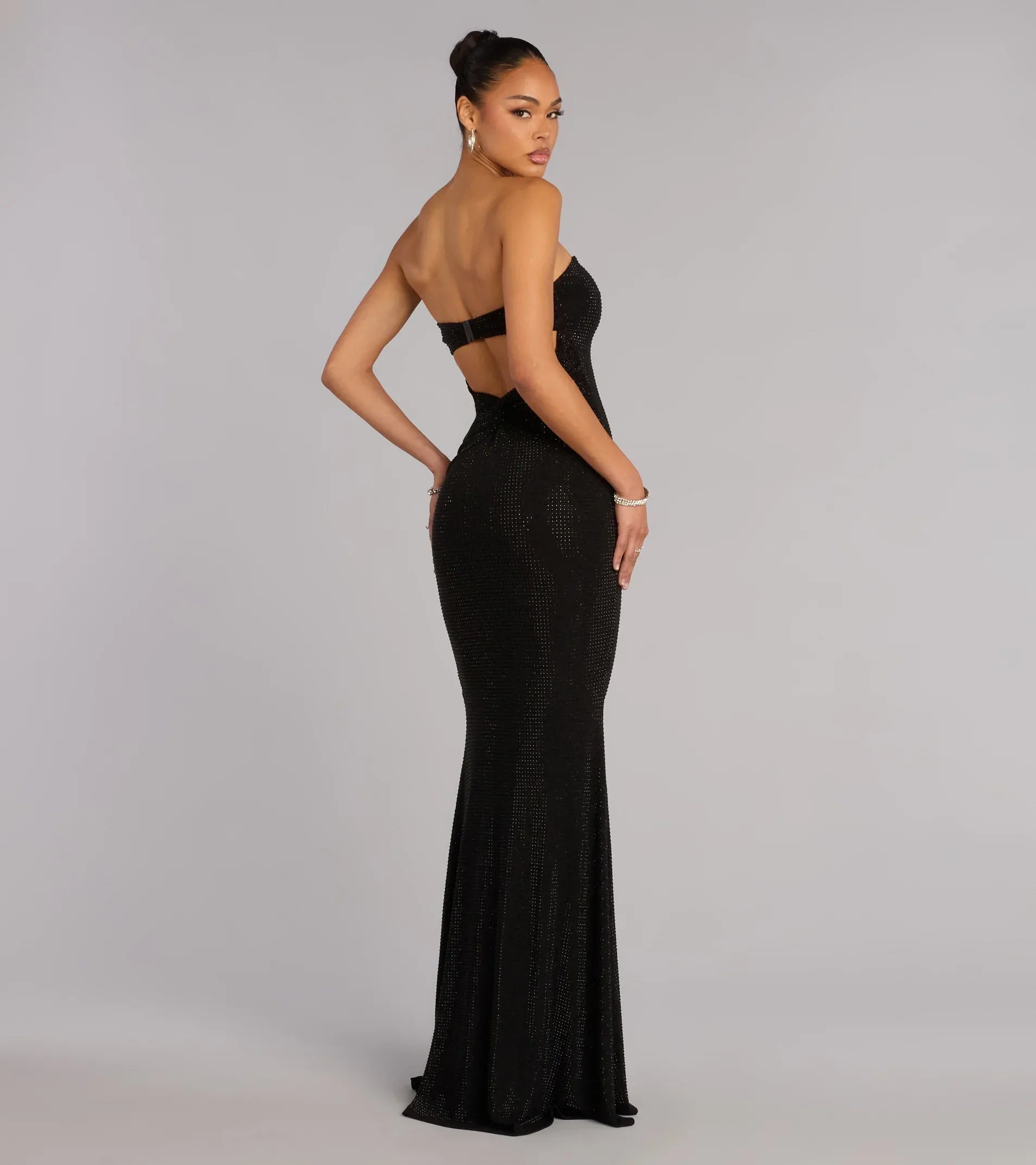 Black Strapless Hot Stone Cutout Back Mermaid Maxi Wedding Guest Dress