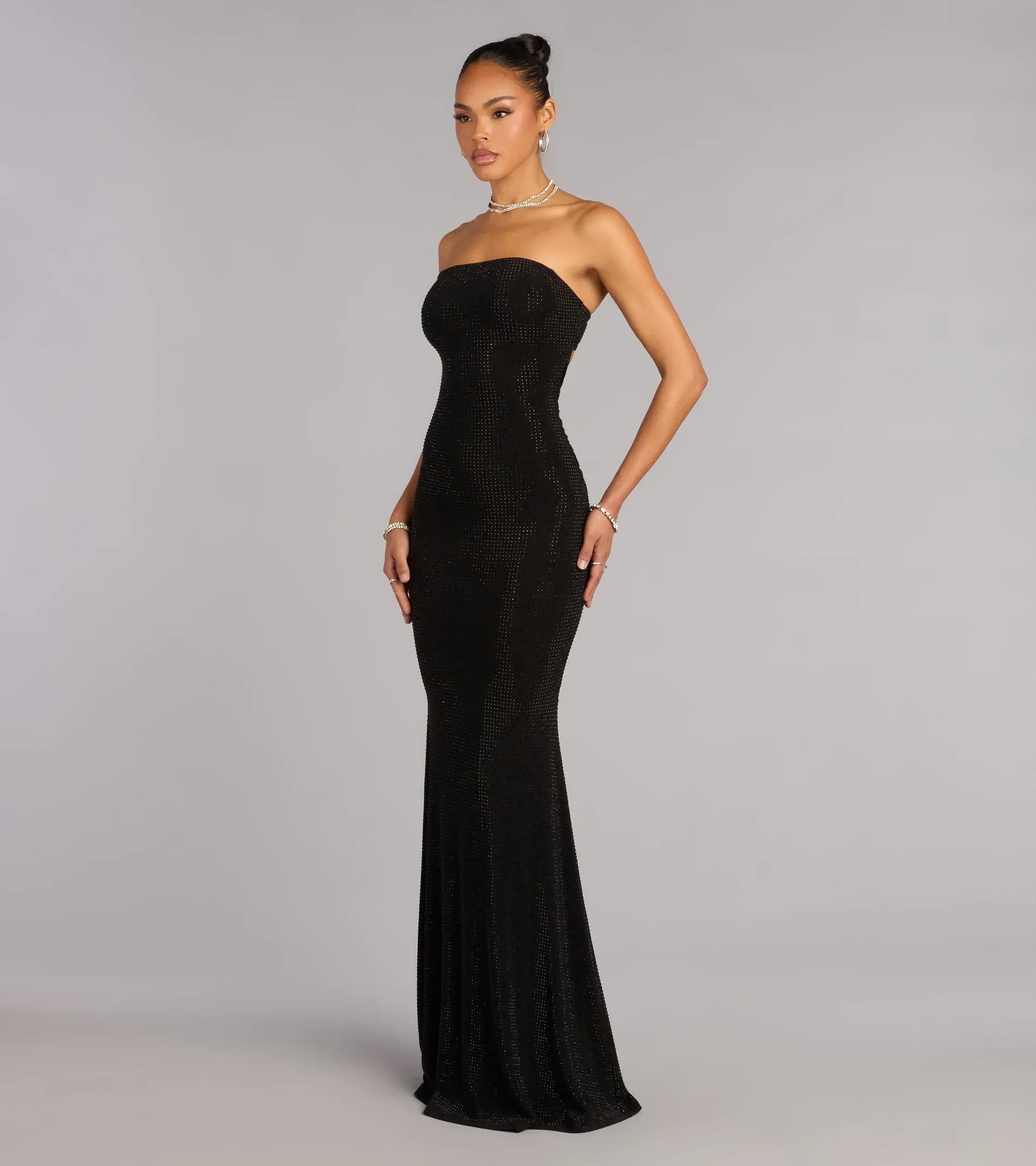 Black Strapless Hot Stone Cutout Back Mermaid Maxi Wedding Guest Dress