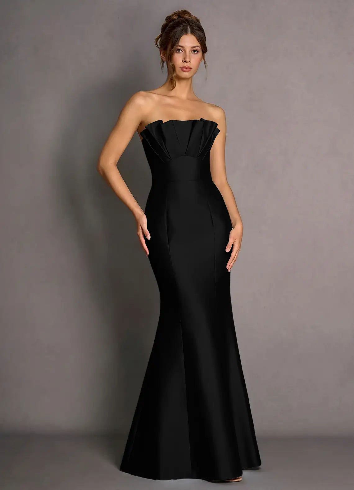 Black Strapless Pleated Fold Tube Neck Mermaid Maxi Satin Wedding Guest Dress