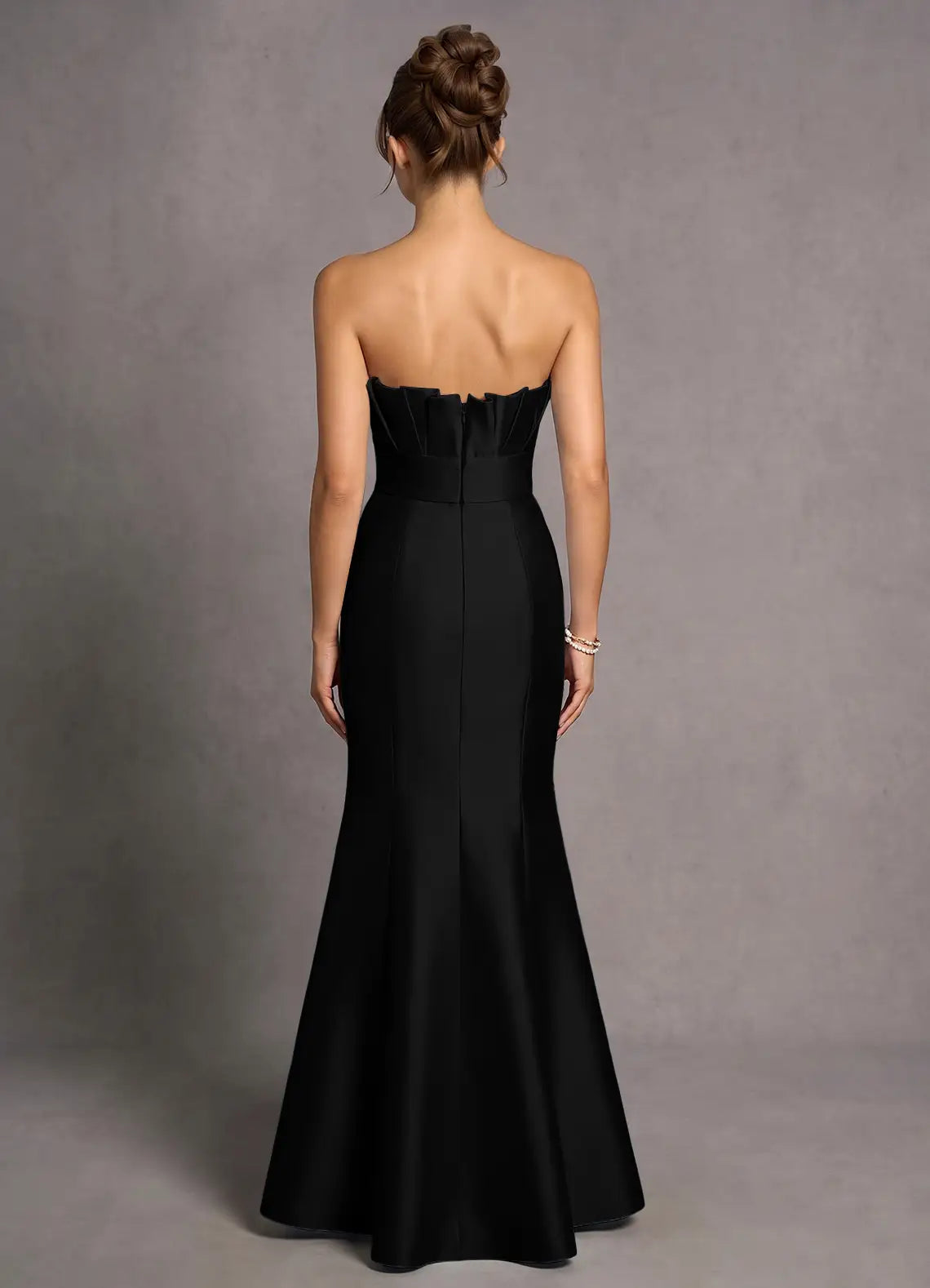 Black Strapless Pleated Fold Tube Neck Mermaid Maxi Satin Wedding Guest Dress