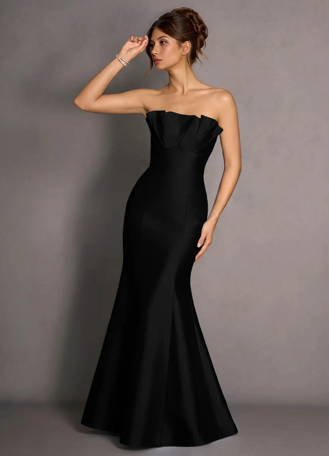 Black Strapless Pleated Fold Tube Neck Mermaid Maxi Satin Wedding Guest Dress