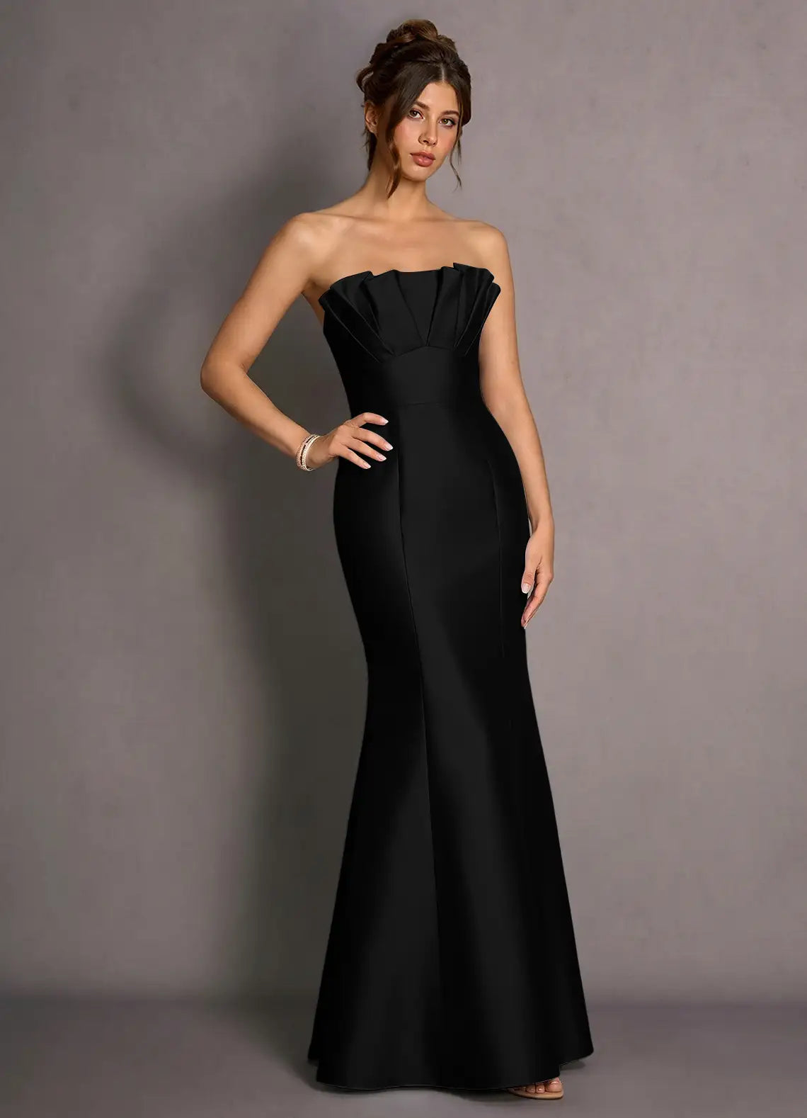 Black Strapless Pleated Fold Tube Neck Mermaid Maxi Satin Wedding Guest Dress