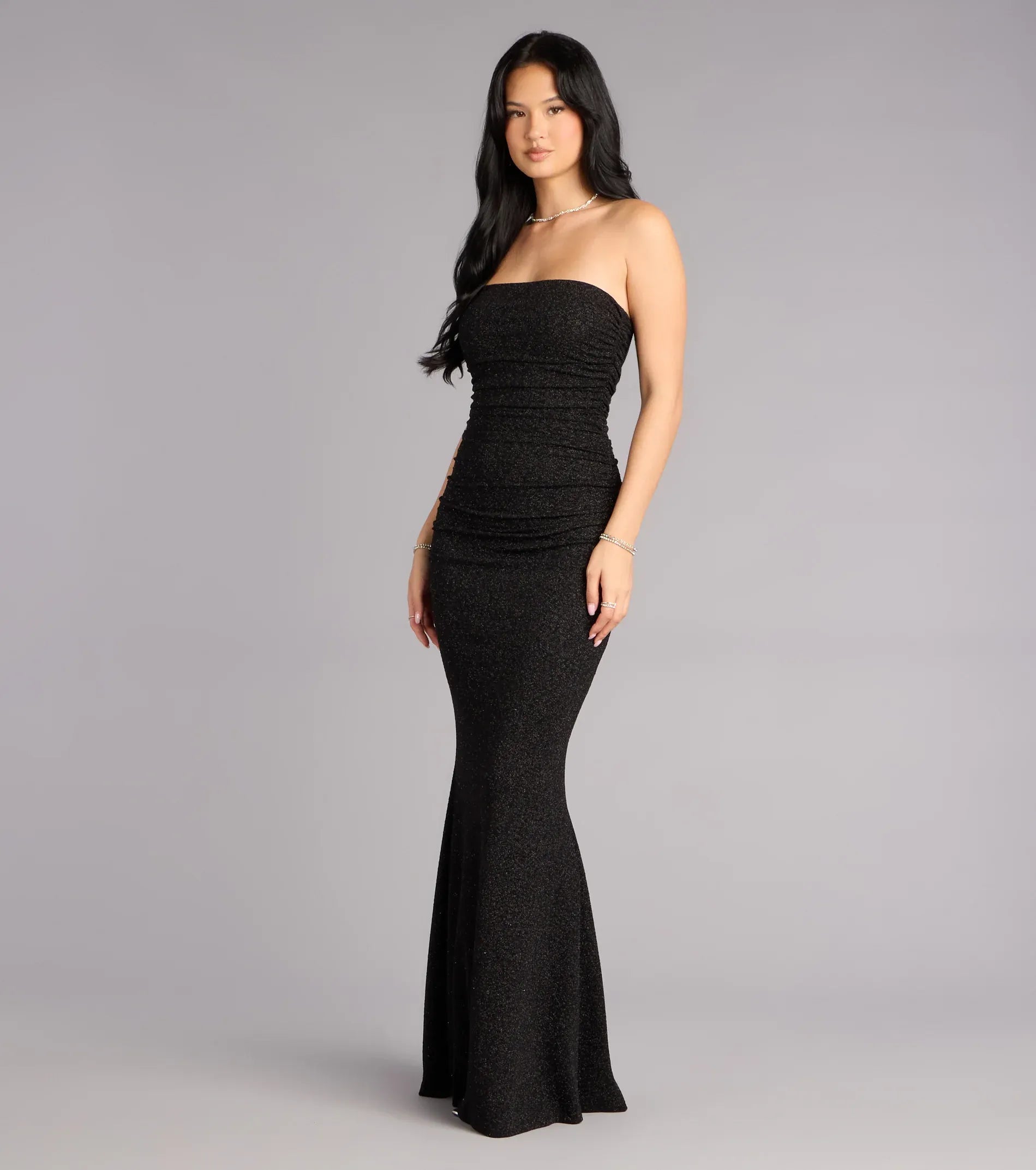Black Strapless Ruched Glitter Knit Mermaid Maxi Wedding Guest Dress