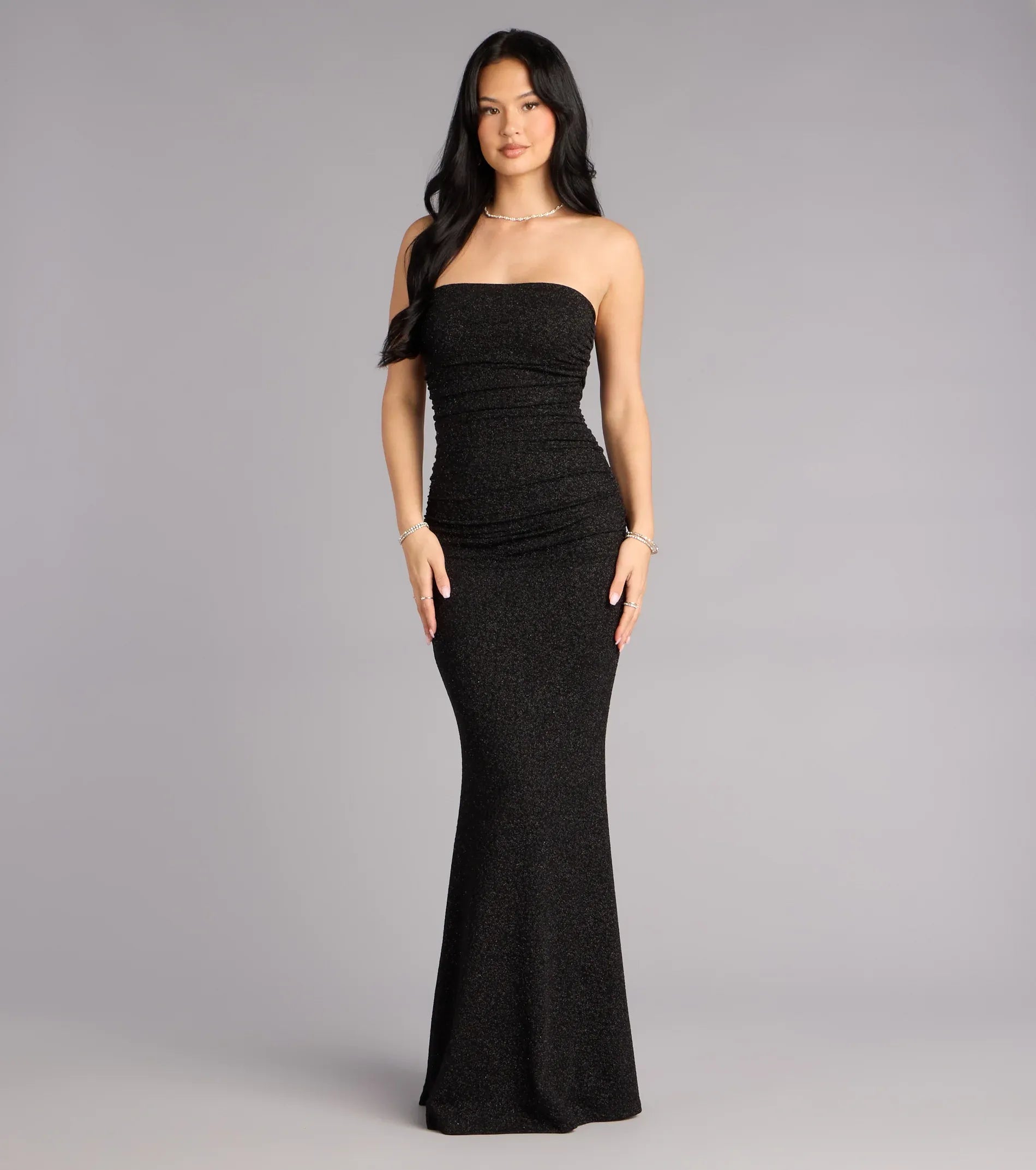 Black Strapless Ruched Glitter Knit Mermaid Maxi Wedding Guest Dress