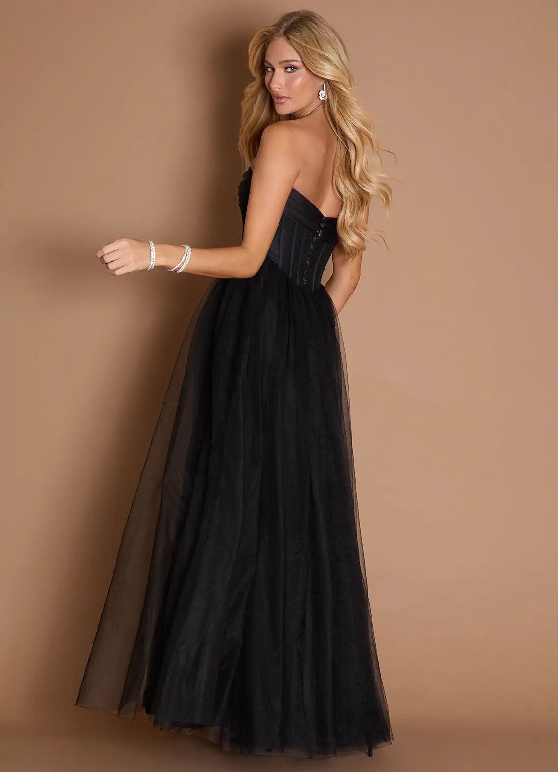 Black Strapless Satin Corset High Slit Tulle A-Line Formal Maxi Dress