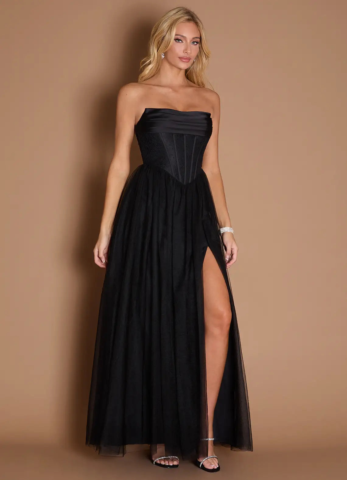 Black Strapless Satin Corset High Slit Tulle A-Line Formal Maxi Dress