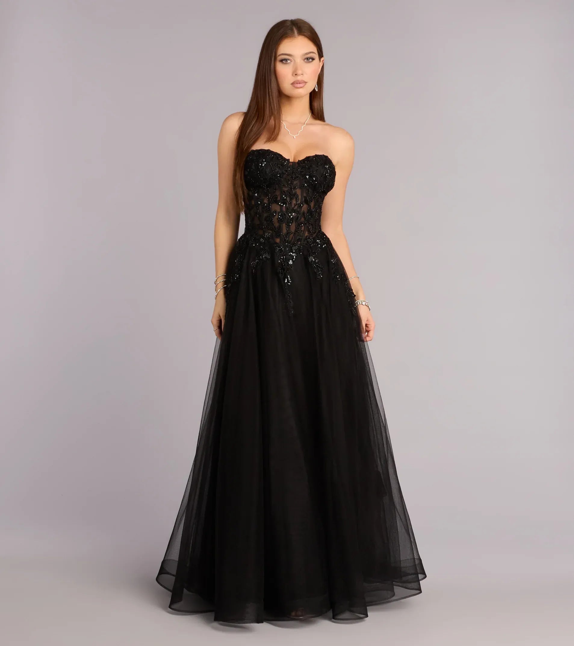 Black Strapless Sequin Lace Corset Tulle A-Line Maxi Wedding Guest Dress