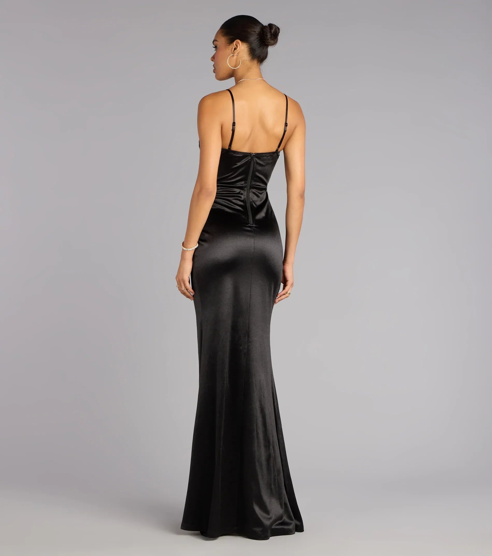Black Thin Spaghetti Strap Corset Ruched Wrap High Slit Satin Mermaid Maxi Wedding Guest Dress