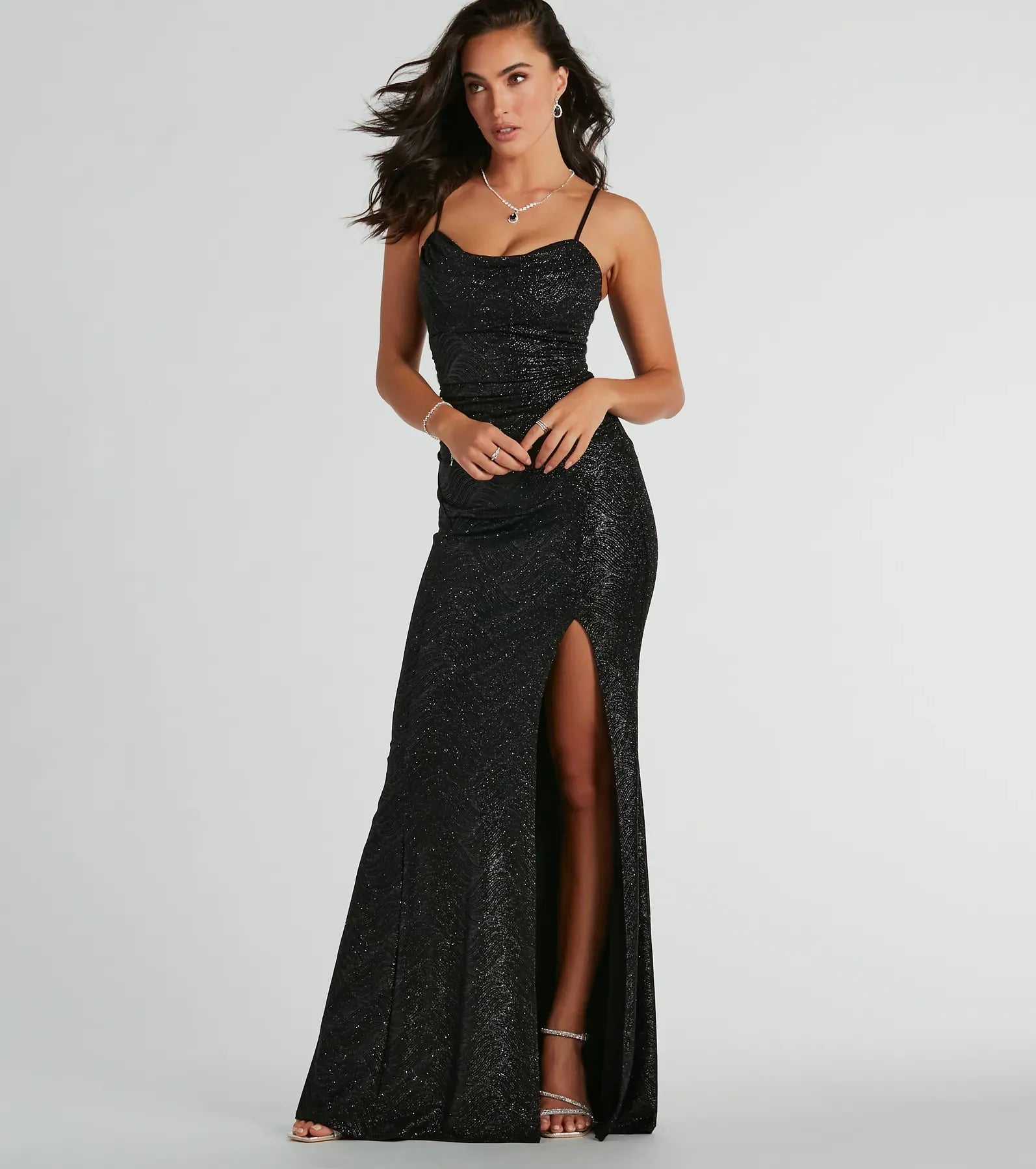 Black Thin Spaghetti Strap Cowl Ruched Glitter High Slit Mermaid Maxi Wedding Guest Dress